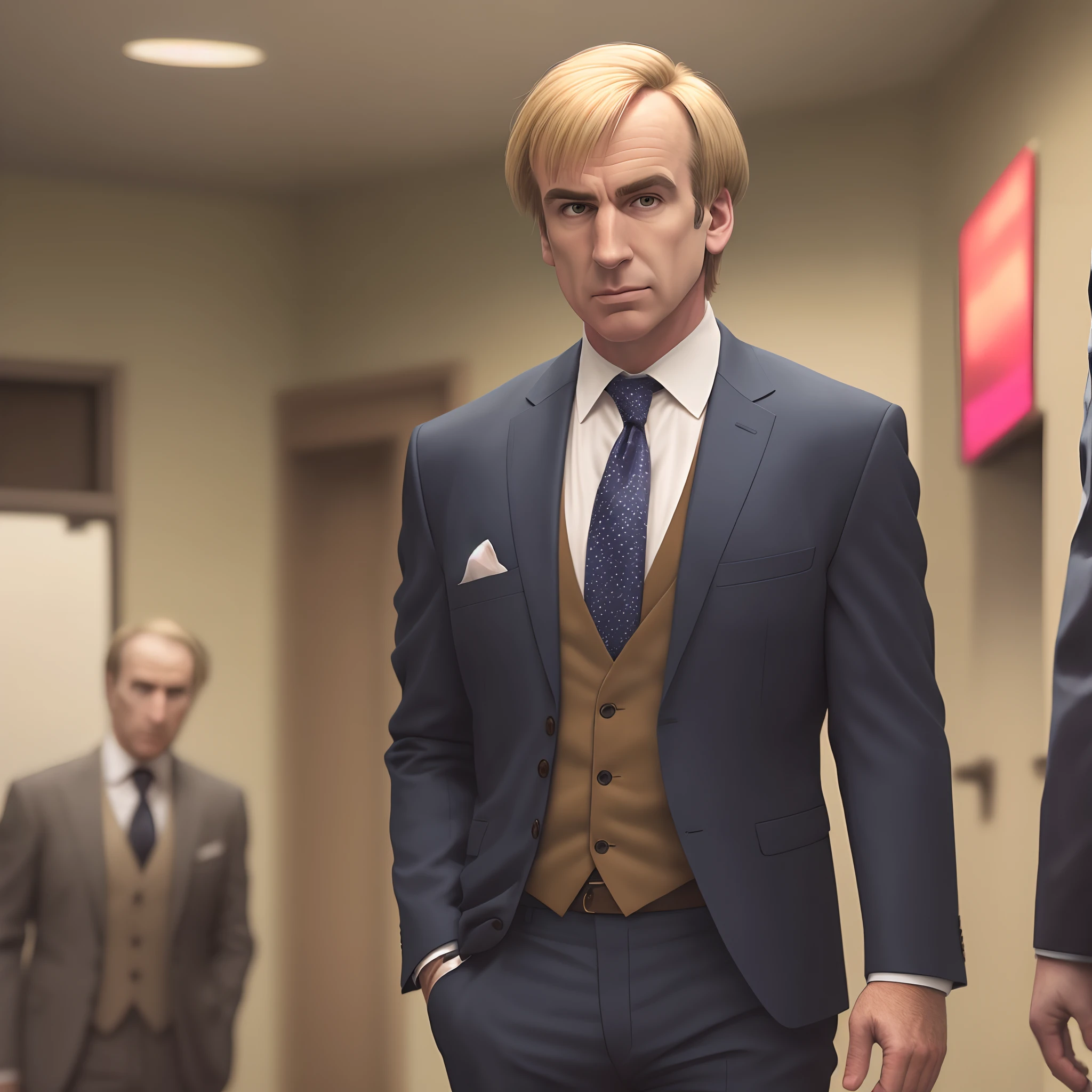 Todd Bonzalez, blonde hair, looks like saul goodman, suit and tie, Skitty handkerchief