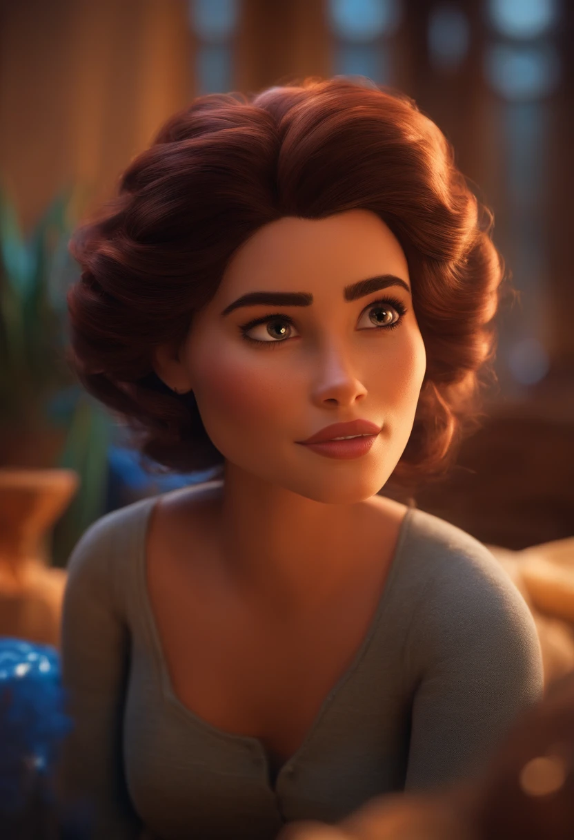 Imagem estilo Pixar com personagem 3D mulher morena cabelo cacheado curto 35 anos , Maquiagem Disney,Pescador, bonitinho, sorridente ,Close-up, Pixar, Disney, Cinema lighting,