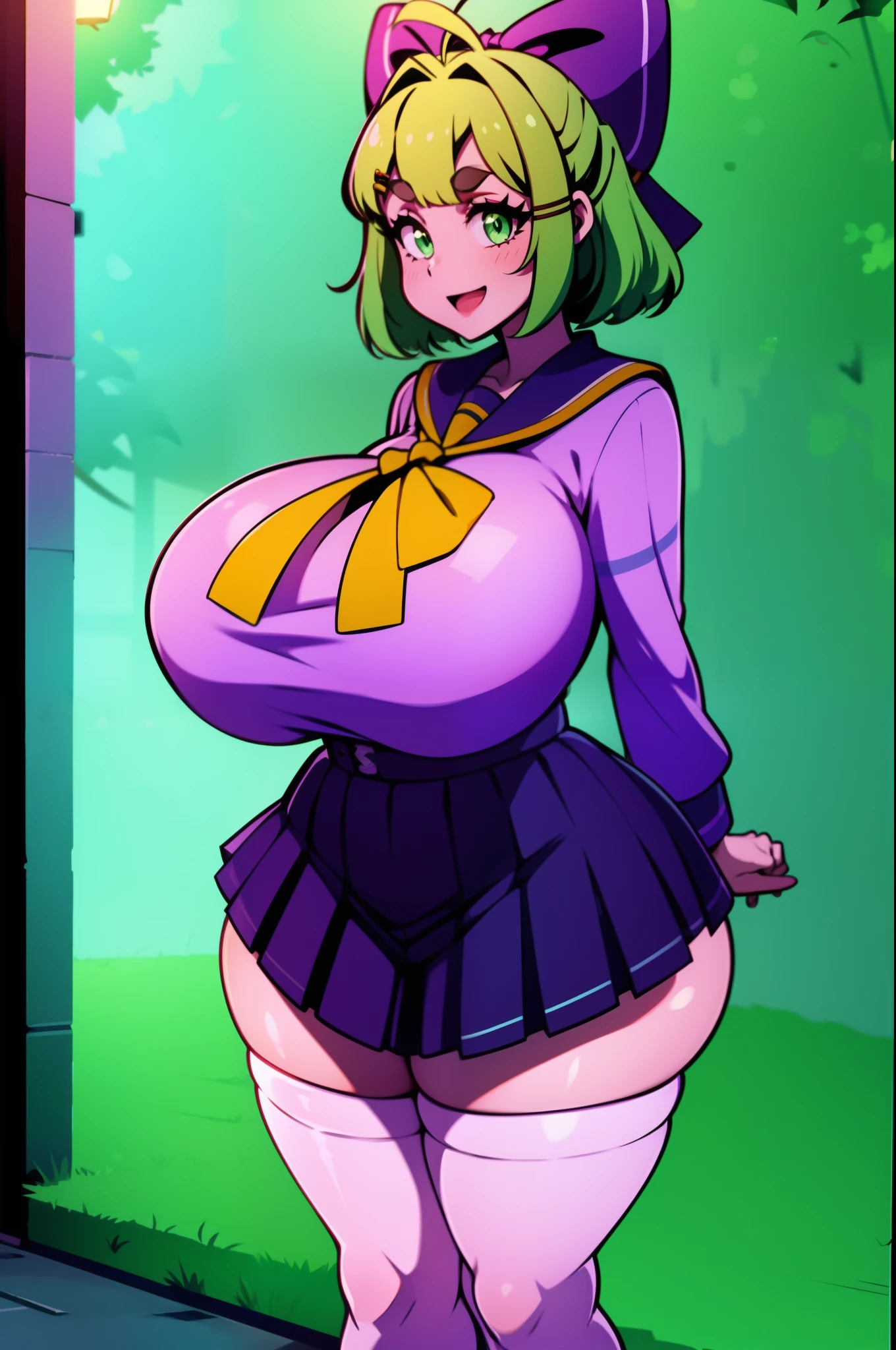 1girll, ((Bimbo))), Short green hair,Green eyes,Hair Bow,hair pin,Purple and yellow sailor collar,Striped sailor suit,Pleated skirt in blue color,White stockings,leather shoes,Antenna hair,Beanie eyebrows,Hair rope, Wide hips, Thick thighs, Huge round fake breasts, Huge ass, Happy smiling face, Open mouth, Breasts squeezed together, Crossed arms, during night,