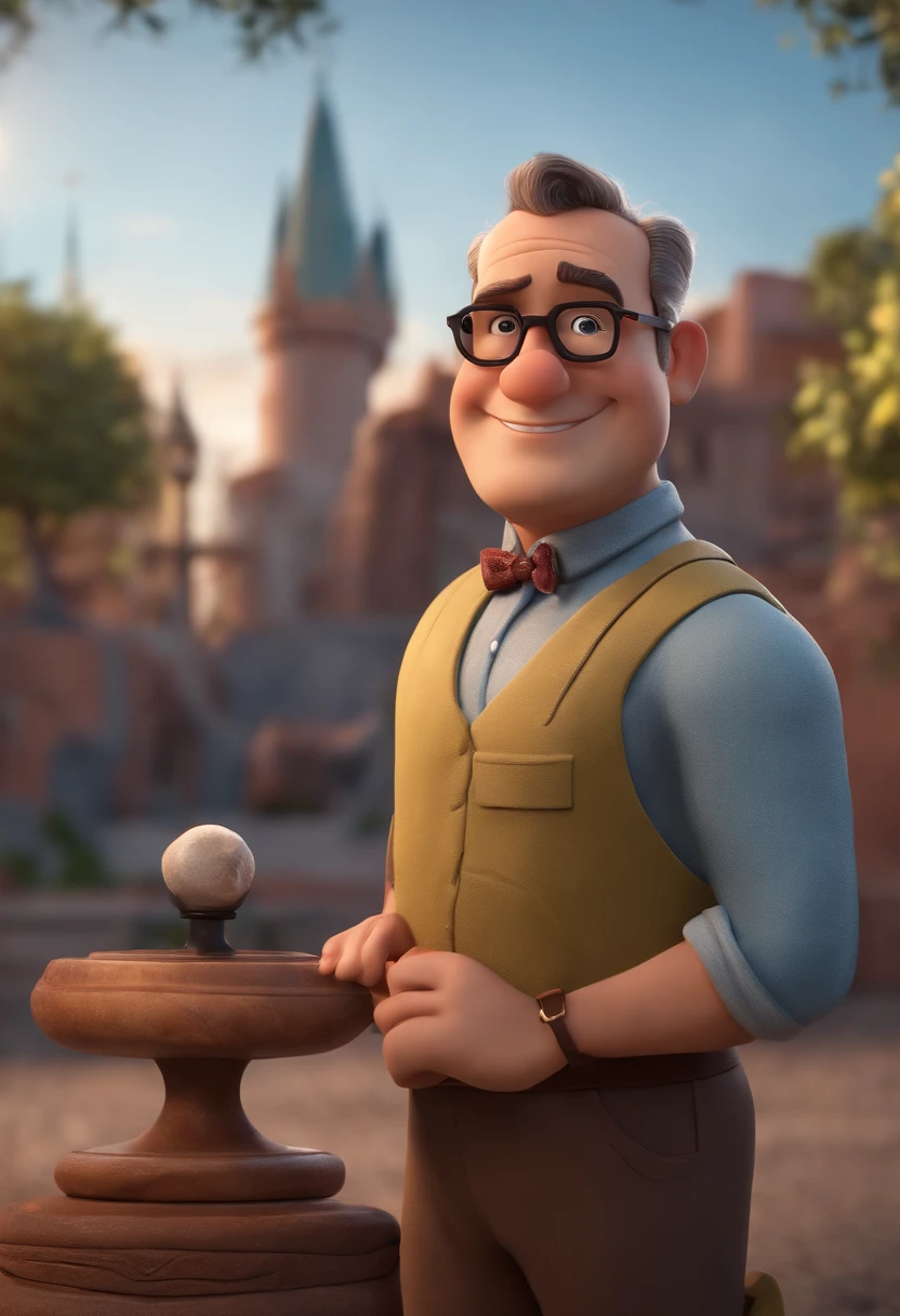 personagem dos desenhos animados de um homem gordo, sem cabelo, barba prata grande, with black glasses and a blue shirt, animation character, Caractere estilizado, animation style rendering, 3D estilizado, Arnold Maya render, 3 d render stylized, toon render keyshot, Personagem 3D, Personagem 3D, 3d rendering stylized, 3 d character render, personagem de desenho animado, Personagem de close up, Pose de personagem, (Estilo Pixar) (master part:1.2) (Bokeh) (best quality) (pele detalhada) (textura detalhada) (8k) (argila) (Cinematic lighting) (foco nítido