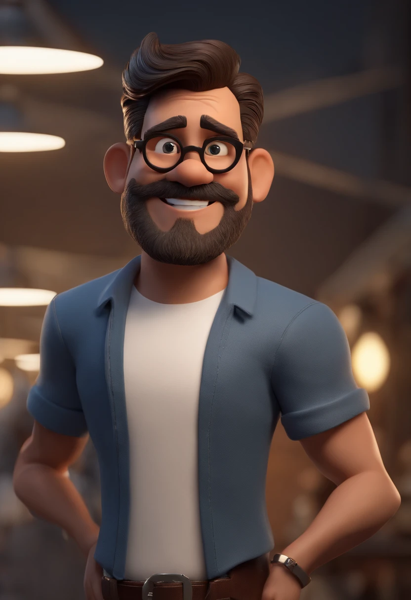 personagem dos desenhos animados de um homem gordo, sem cabelo, barba prata grande, with black glasses and a blue shirt, animation character, Caractere estilizado, animation style rendering, 3D estilizado, Arnold Maya render, 3 d render stylized, toon render keyshot, Personagem 3D, Personagem 3D, 3d rendering stylized, 3 d character render, personagem de desenho animado, Personagem de close up, Pose de personagem, (Estilo Pixar) (master part:1.2) (Bokeh) (best quality) (pele detalhada) (textura detalhada) (8k) (argila) (Cinematic lighting) (foco nítido