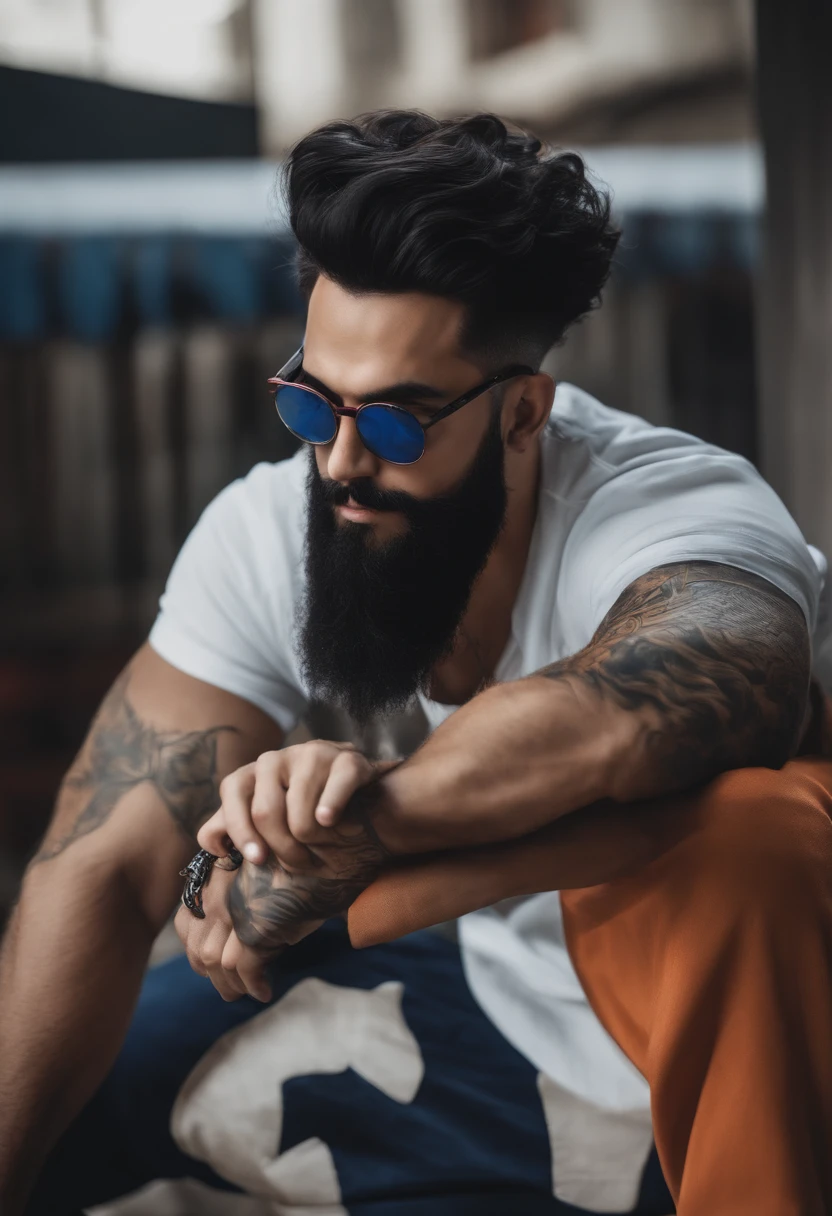 homem com barba curta , cabelos pretos e oculos no estilo dragon ball