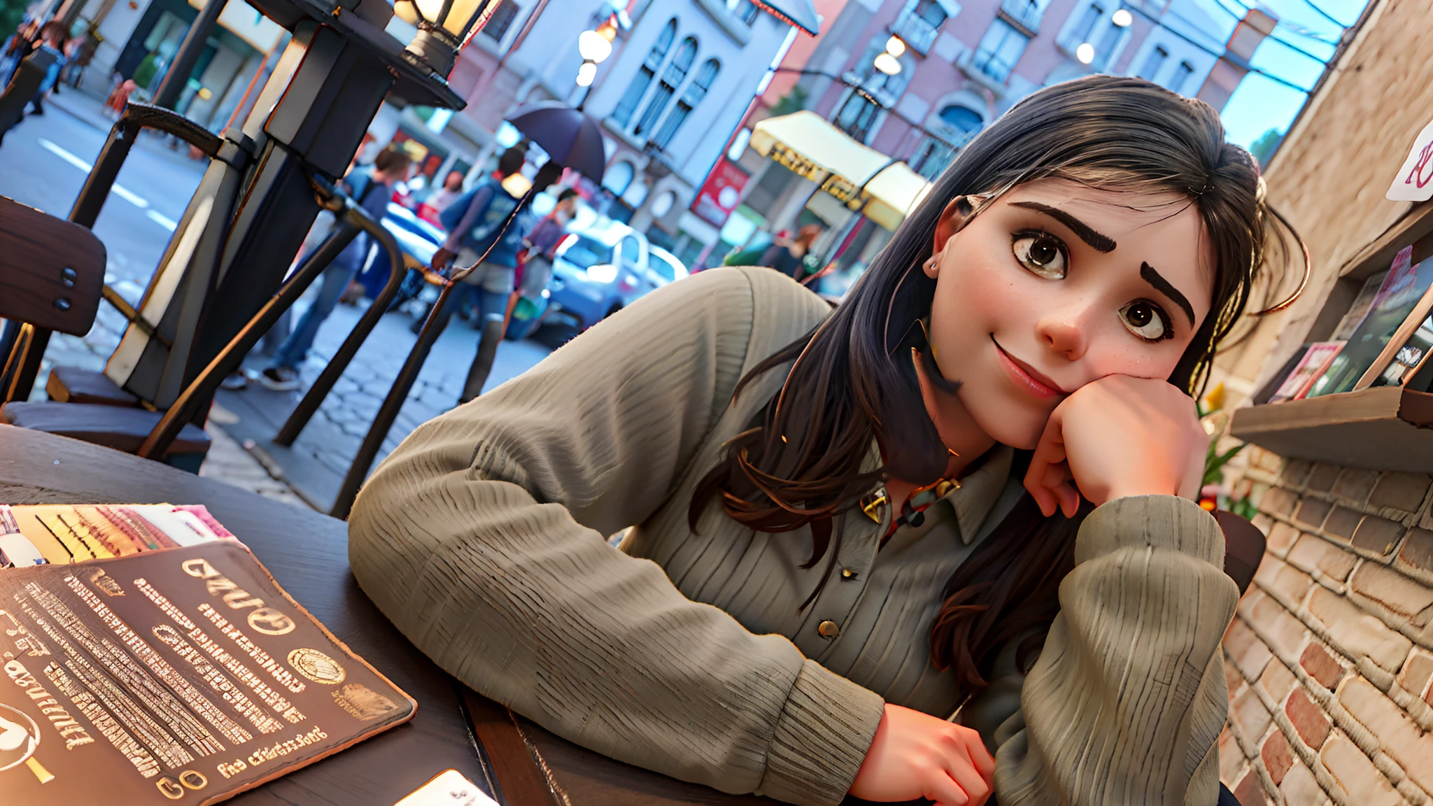 Beautiful Brazilian woman sitting and drinking coffee outside on the side of the street in a small café, beautiful face, Short black hair down to the nape of her neck with brown eyes and heavy eyeshadow, Wearing jeans and a black polo shirt, grande estilo de moda, looking at you with loving eyes and a soft smile, Background is a European city of the city center, fundo desfocado, profundidade de campo rasa, Cinematic light, luz suave, retroiluminado, micro-detalhes, renderizado, fotorrealista, cinemactic, 85mm 1.4