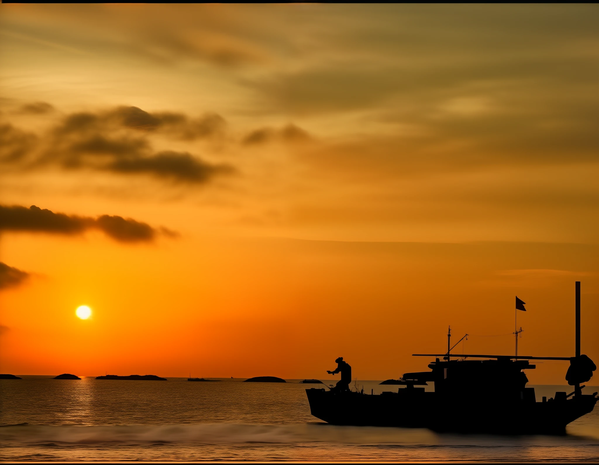 Sunset over the sea,The foreground is a ship, the sunset, At sunrise, As night fell, as the sun sets on the horizon, end of day, Beautiful scene, end of day, Sunset atmosphere, Evening sunset, The most beautiful sunset, 4 0 9 6, Stunning scene, the sunset, taken at golden hour, dawn setting
