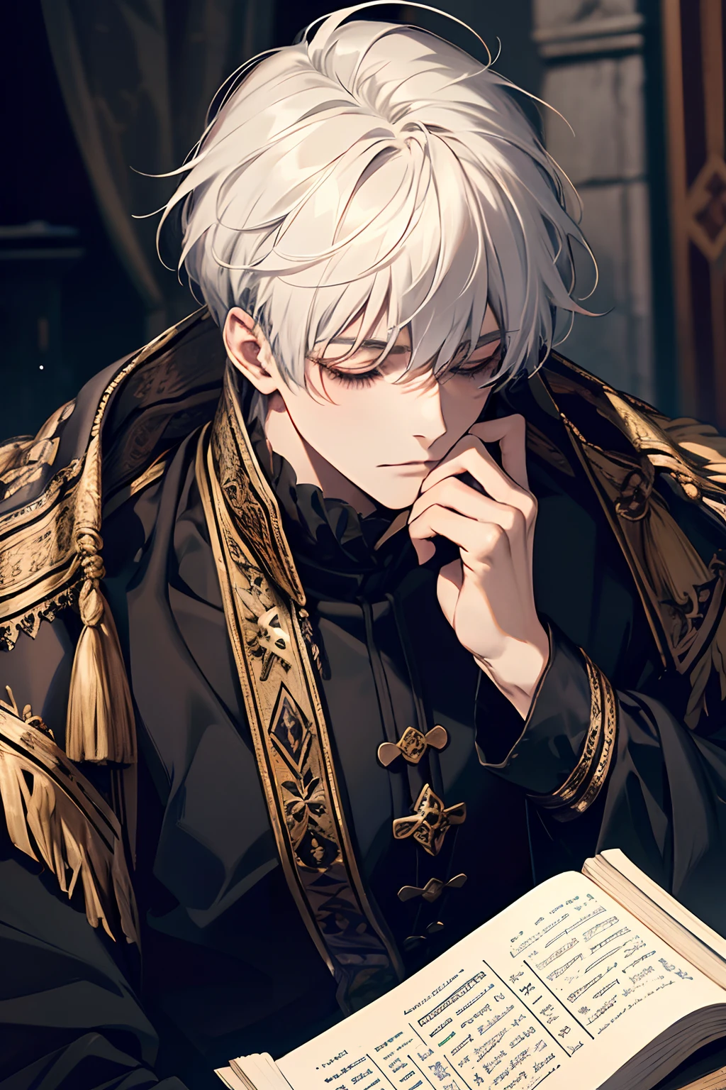 1male, calm, age 35 face, short messy with bangs, white hair, asleep, royalty, prince, black clothes, in a castle, close up, medieval times