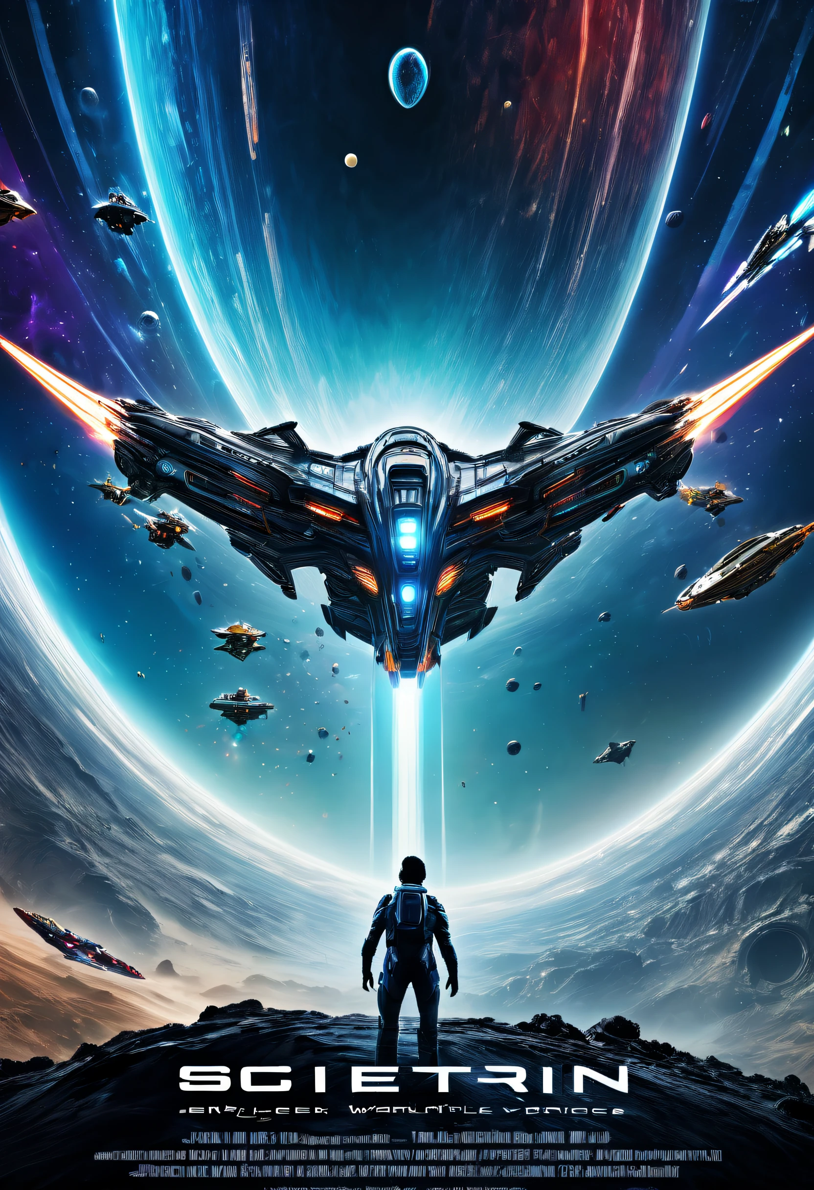 Embark on an epic sci-fi adventure with this captivating movie poster featuring futuristic spaceships soaring through a vast and mesmerizing galaxy, battling against alien forces. The composition captures the awe-inspiring scale and grandeur of the sci-fi universe, with stunning visuals and dynamic action. The use of vibrant colors and intricate details transports viewers to a futuristic world, filled with thrilling encounters and mind-bending technology. Directed by renowned filmmaker James Cameron,text