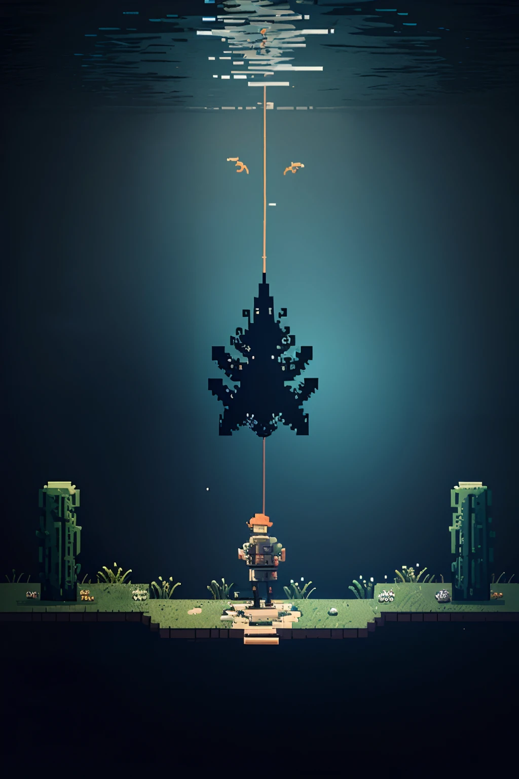Horror game and fishing phase where you have to fish abyssal fish based on a 2D game from the Gameboy version in pixel art called deep waters