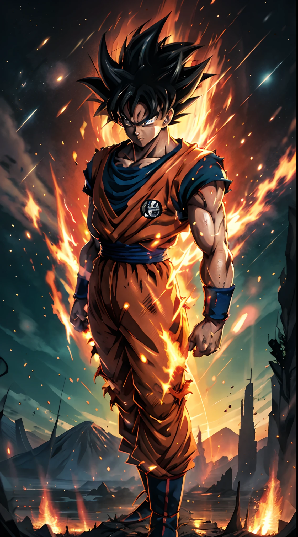 Detailed anime artwork, beautiful vector curves, highest quality 8k, depth of field, Dragon Ball universe anime epic art, manga wallpaper, detailed digital anime art, digital advanced anime art.Goku with meticulously detailed handsome face, glowing red eyes, extreme instinct state mode, epic anime about energy man, fire, lava.