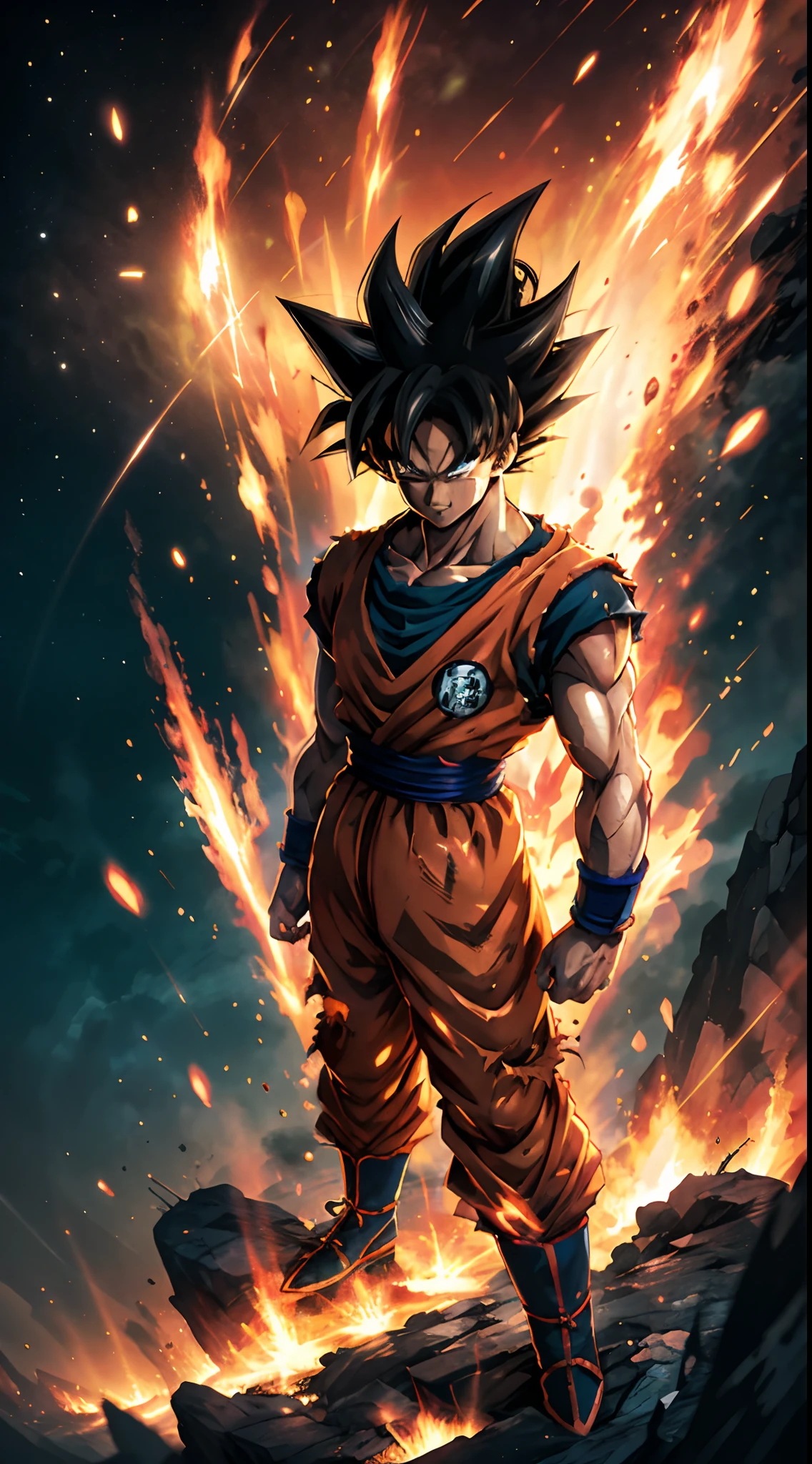 Detailed anime artwork, beautiful vector curves, highest quality 8k, depth of field, Dragon Ball universe anime epic art, manga wallpaper, detailed digital anime art, digital advanced anime art.Goku with meticulously detailed handsome face, glowing red eyes, extreme instinct state mode, epic anime about energy man, fire, lava.