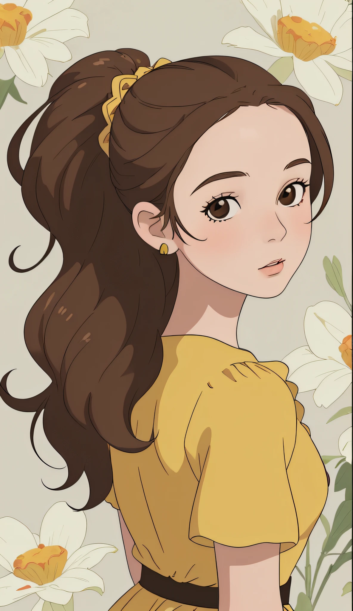 (Masterpiece, Best Quality, High Quality, high resolucion, Ultra-detailed),Arrietti, Brown hair,yellow dress,pony-tail, Brown hair, Black eyes, minigirl, Gorgeous Doubles, earings, Headdress, necklaces, Dresses with details on the sleeves, Sleeve Puff, Lace Dress, Detailed Face,