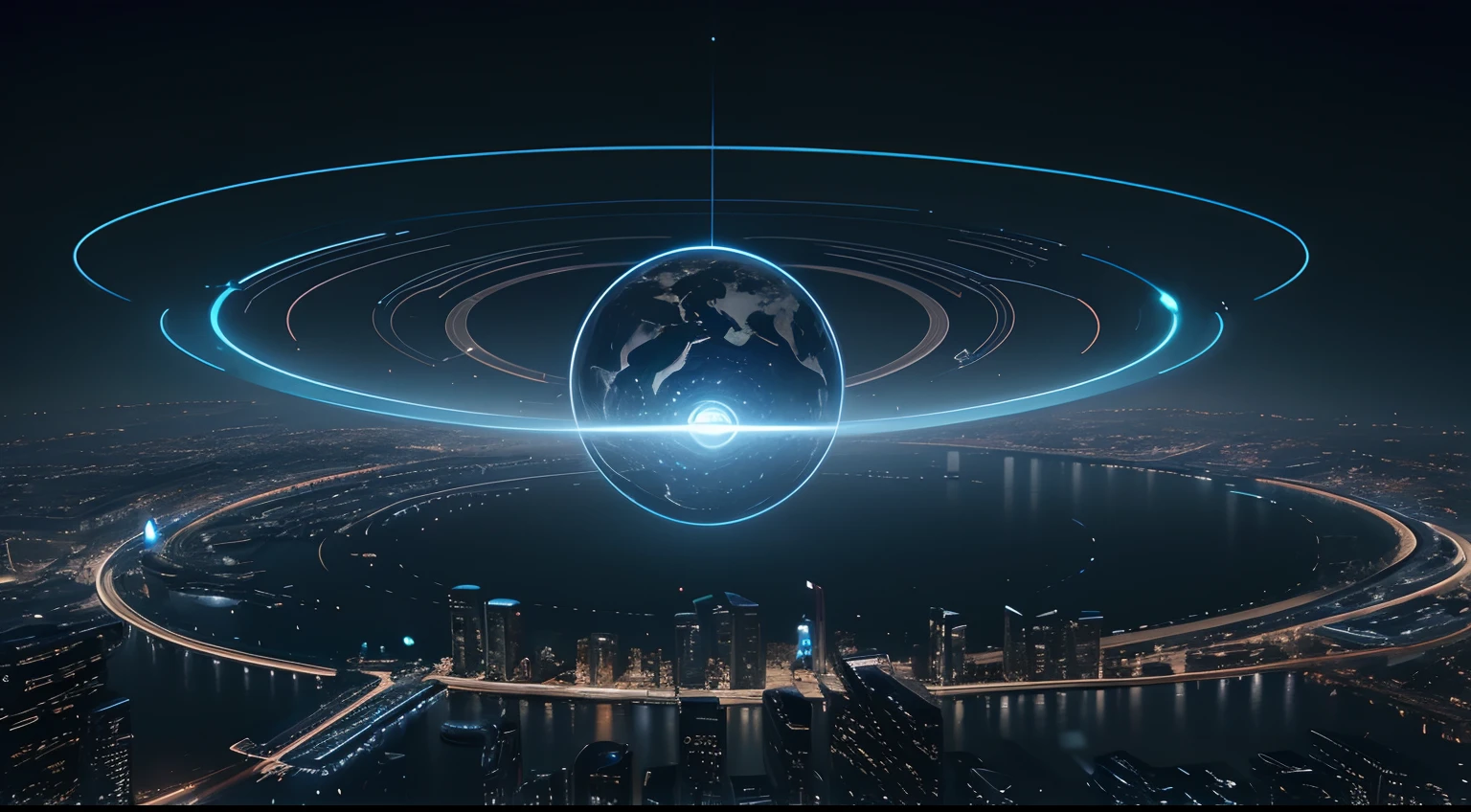 Y4nn, Futuristic smart tech city,Wealth Finance,Data Links,solution,In the center of its central circle there is a huge circular structure,It's blue light, sci-fy, a detailed matte painting, Space art, ultra - detailed, glowing from within, Masterpiece, Best quality