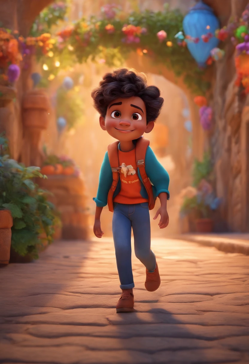 Image of a boy for a story in a YouTube video in Pixar format, He's the little allabester, He's the class leader, He's outgoing, Playful and gets up for a lot of things, cabelo curto
