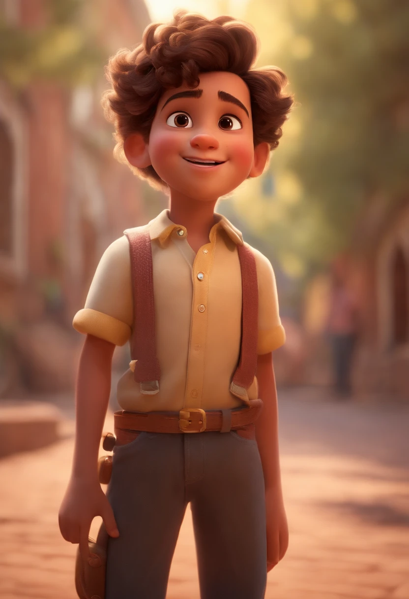 Image of a boy for a story in a YouTube video in Pixar format, He's the little allabester, He's the class leader, He's outgoing, Playful and gets up for a lot of things, cabelo curto