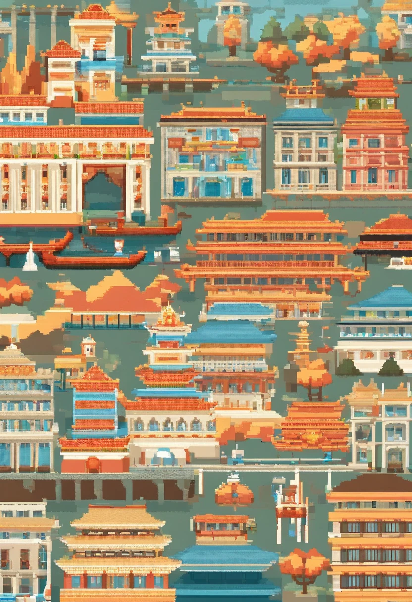 Close up of poster with lots of information about different buildings, poster illustration, ancient Chinese architecture, illustrated poster, infographics, Chinese architecture, infographic style, Tang dynasty palace, Chinese tradition, infographics, poster design, 2d flat effects.