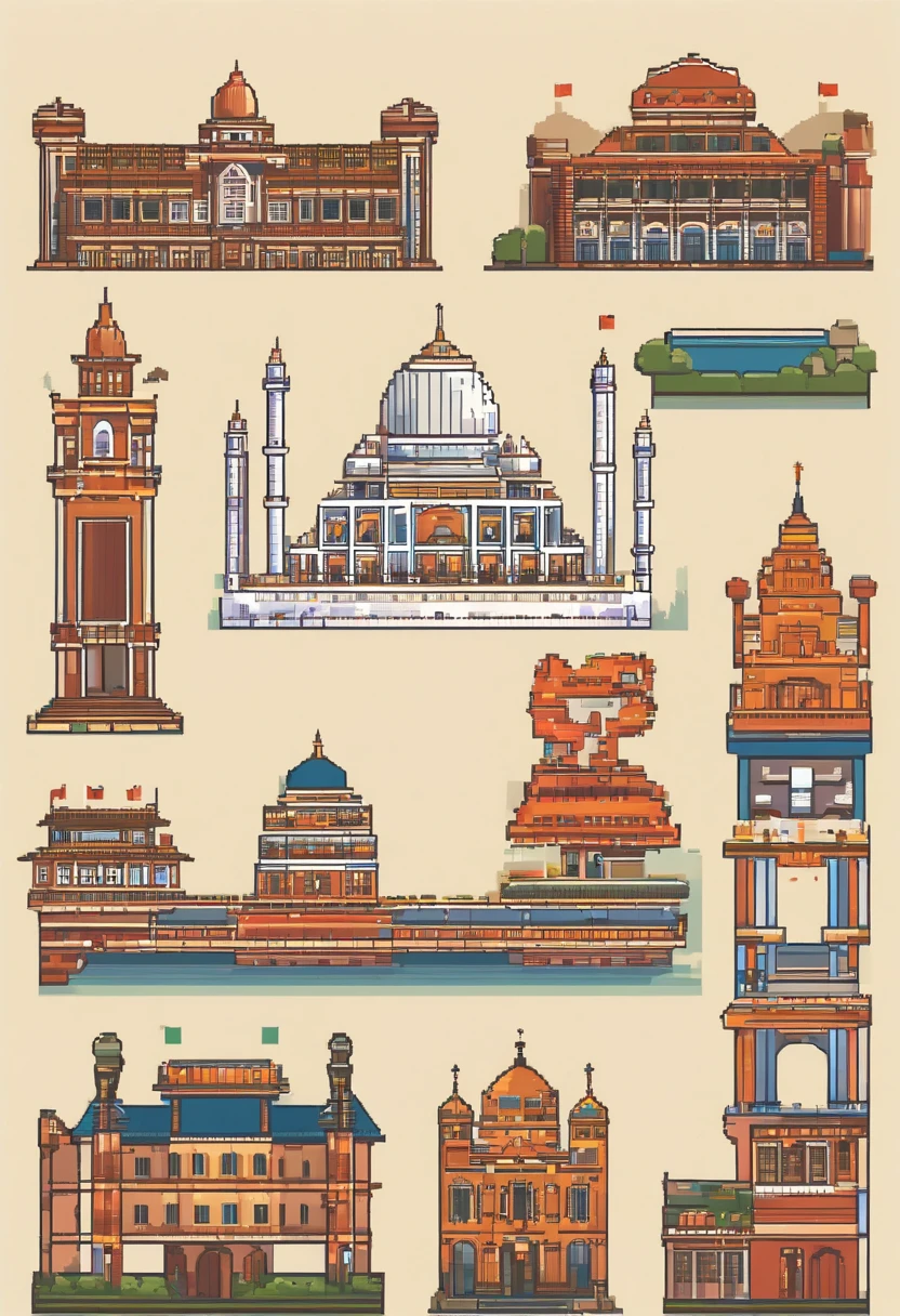 A set of travel icons and iconic places, including the world's most iconic landmarks, pixel art de Joe Bowler, Tendencias en Behance, international typographic style, Detalles de castillos y templos, Travel and tourism in Japan, Edificios detallados, Edificios japoneses europeos, Todos los edificios en el puente, muchos edificios, 3 0, Edificios europeos, Muchos edificios, Ciudades, tourist destination, flat illustration