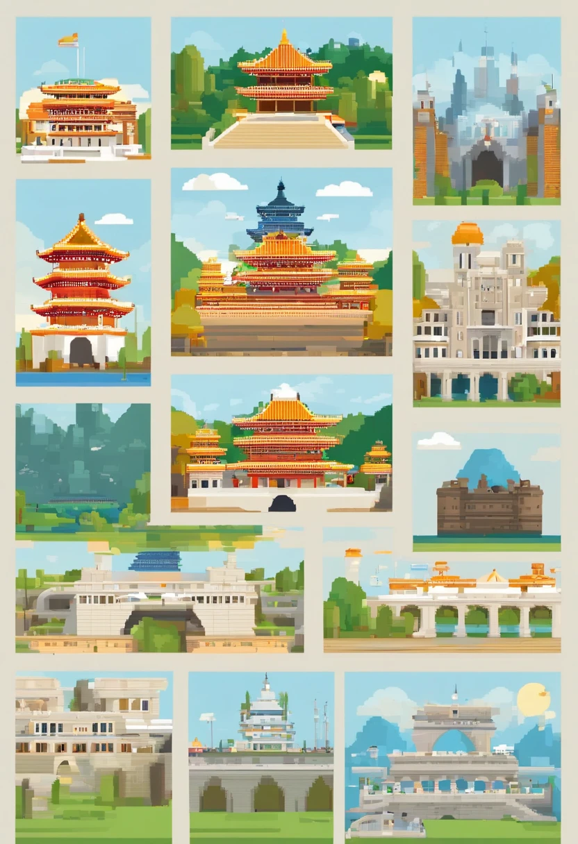 a set of travel and landmarks icons including the world's landmarks, castles and temple details, japan travel and tourism, detailed buildings, european japanese buildings, all buildings on bridge, many buildings, 3 0, european buildings, lots of buildings, cities, tourist destination, flat illustration, detailed scenery —width 672, soaring towers and bridges, minimalist cartoon style, monumental structures