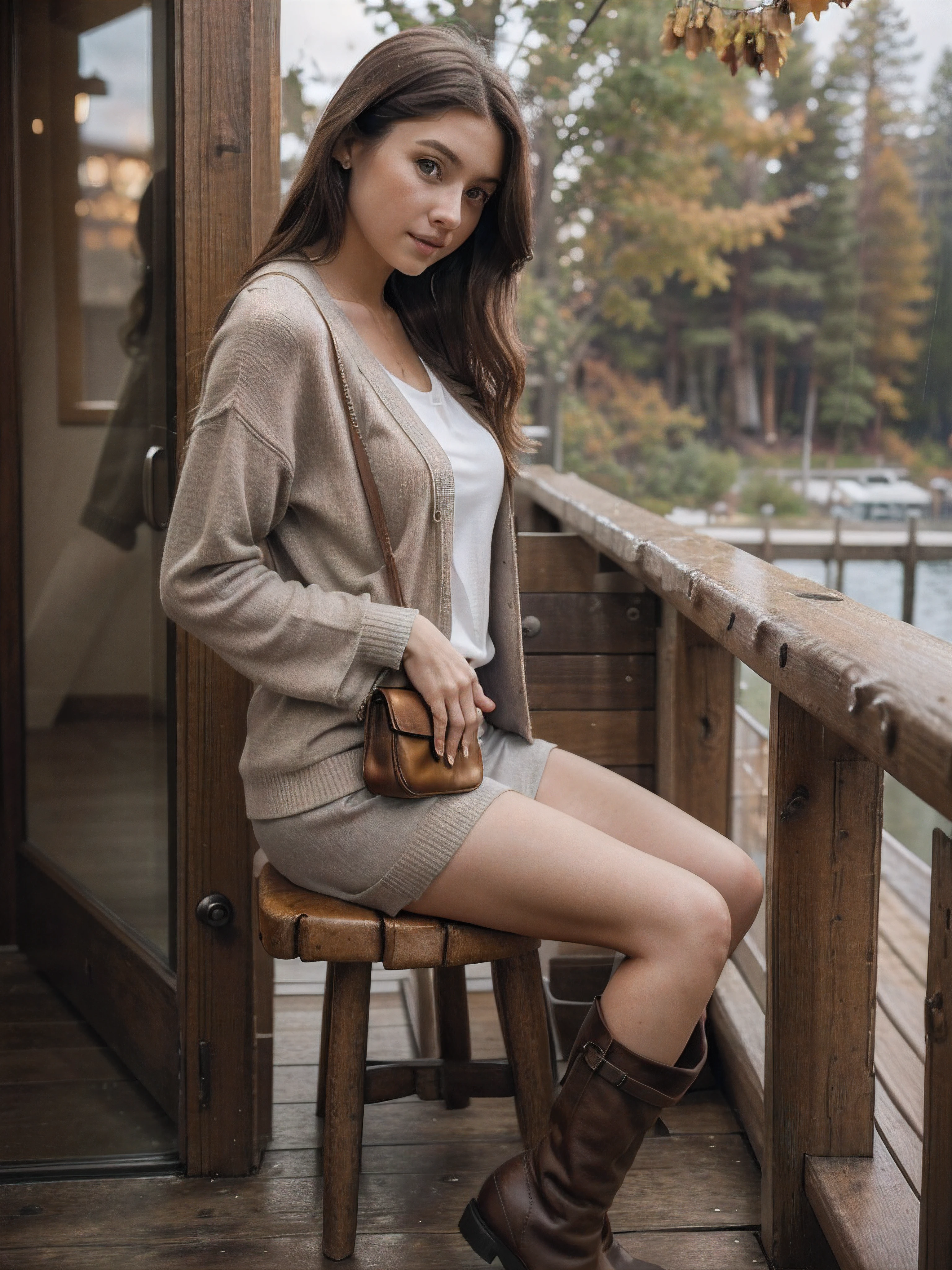 1 young woman (full-body, soft portrait shot 8 k, solo, ultra high res, photograph, RAW, masterpiece, best quality, ultra-detailed, film grain:1.3, ray tracing, bokeh), (22 years old, beautiful face, attractive girl, attractive woman, beautiful brunette woman, beautiful brunette girl, attractive female, brunette woman, gorgeous female, European, realistic skin, chestnut hair, long hair:1.3, standing on a deck, happy) (t-shirt, skirt, knee length cardigan knee length sweater, leather riding boots, crossbody clutch), (analog style, (side view), looking out a window), (fall, autumn, outdoors (day), lake tahoe, cabin, shadows, rainy day, contrast, sidelighting, cool hue, cool tone:1.2)