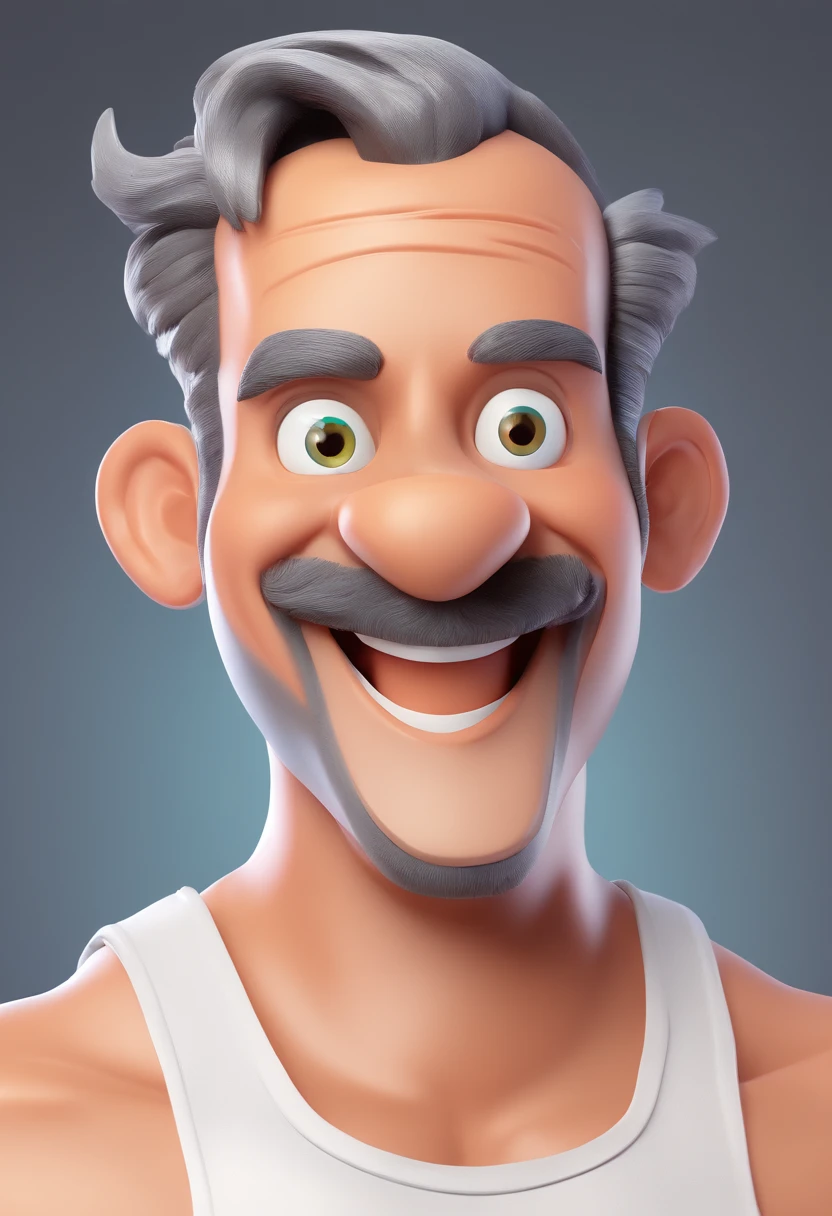 Illustration of a smiling man, Man with a big smile, smiling happily at the camera, Cheeky smile, it's smiling, A very wide smile, Smiling man, Company logo on the chest, MK logo, Laughing Big Smile, Drawing in 3D Art style, c4d, Pure white background color, Disney style, Pixar Style Illustration Rendering Super Detail, 8K