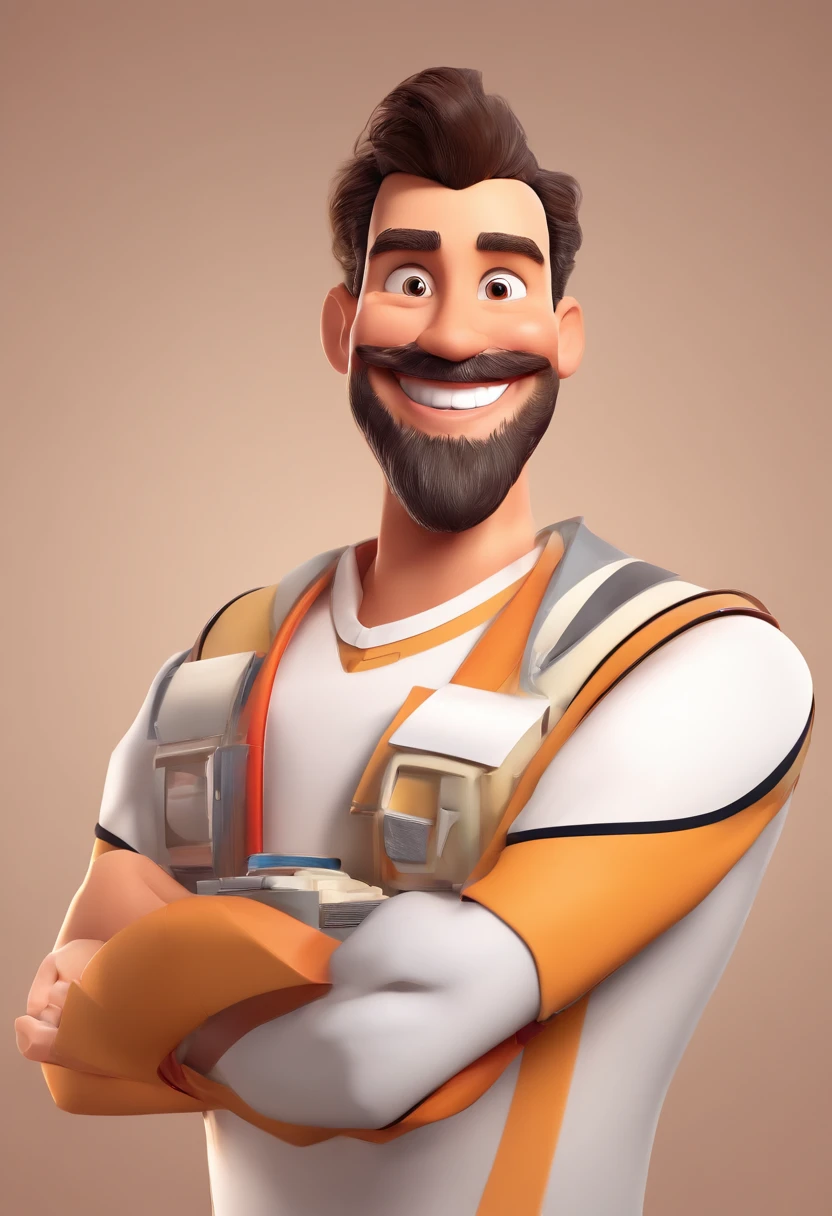 Illustration of a smiling man, Man with a big smile, smiling happily at the camera, Cheeky smile, it's smiling, A very wide smile, Smiling man, Company logo on the chest, MK logo, Laughing Big Smile, Drawing in 3D Art style, c4d, Pure white background color, Disney style, Pixar Style Illustration Rendering Super Detail, 8K