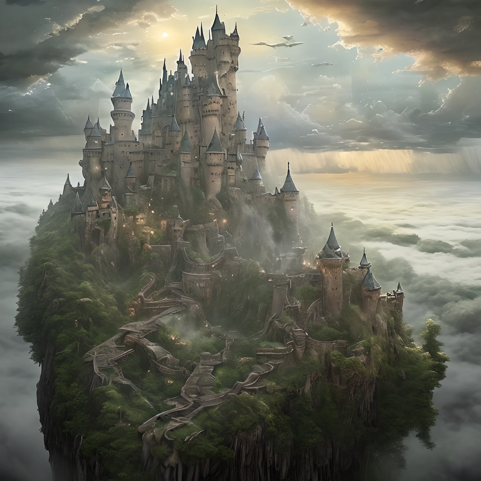 masterpiece、hightquality、Realistic、landscape shot、life-like、A detailed、Like the photo、Castle shining in the sky、Deities々Castle in the Sky、Castle in the Sky、Flying Castle、Castle in the Sky、Castle of Glory、Castle above the clouds、The tree々A lush castle surrounded by