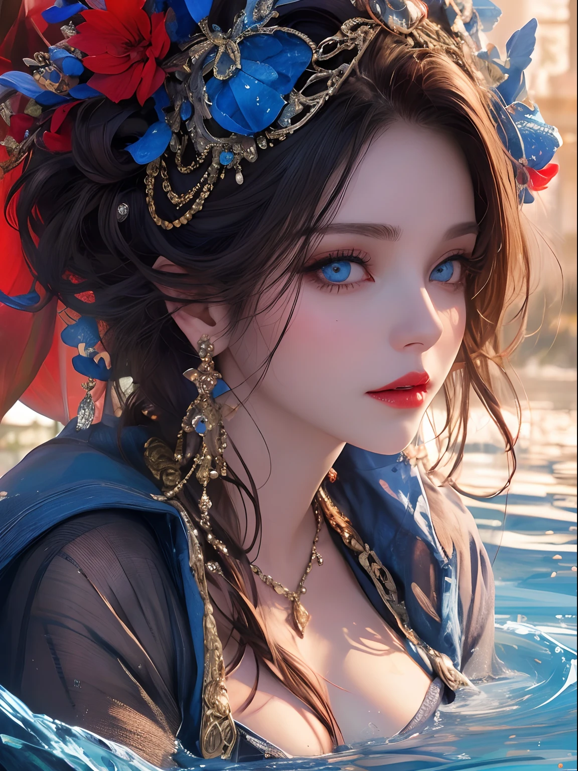 A beautiful woman face close up, seductive look, sharp face, blue eyes,red lips, Majestic artistic look,water pouring on her face, ultradetailed, perfect composition