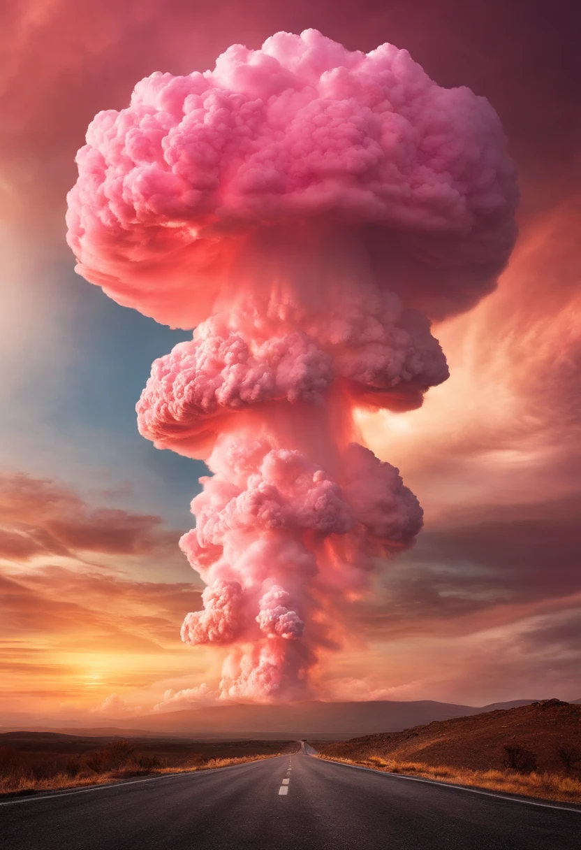 Top image quality,Ultra HD Pictures refer to the best existing visuals for the feel of a hydrogen bomb explosion mushroom cloud picture movie poster(Refer to the former Soviet Union(Tsar Bomba)(Big Ivan)Hydrogen bomb exploding mushroom cloud picture)Huge visually stunning pink candy-colored mushroom clouds on an empty plain,The visuals should be both shocking and sweet。There is no sense of horror,The whole picture seems to be a world of candy,Beautiful pink,South Coast Blue,Extremely beautiful, realistic scenes, grand hydrogen bomb explosion scenes,The brilliant colors are like a fairy tale。