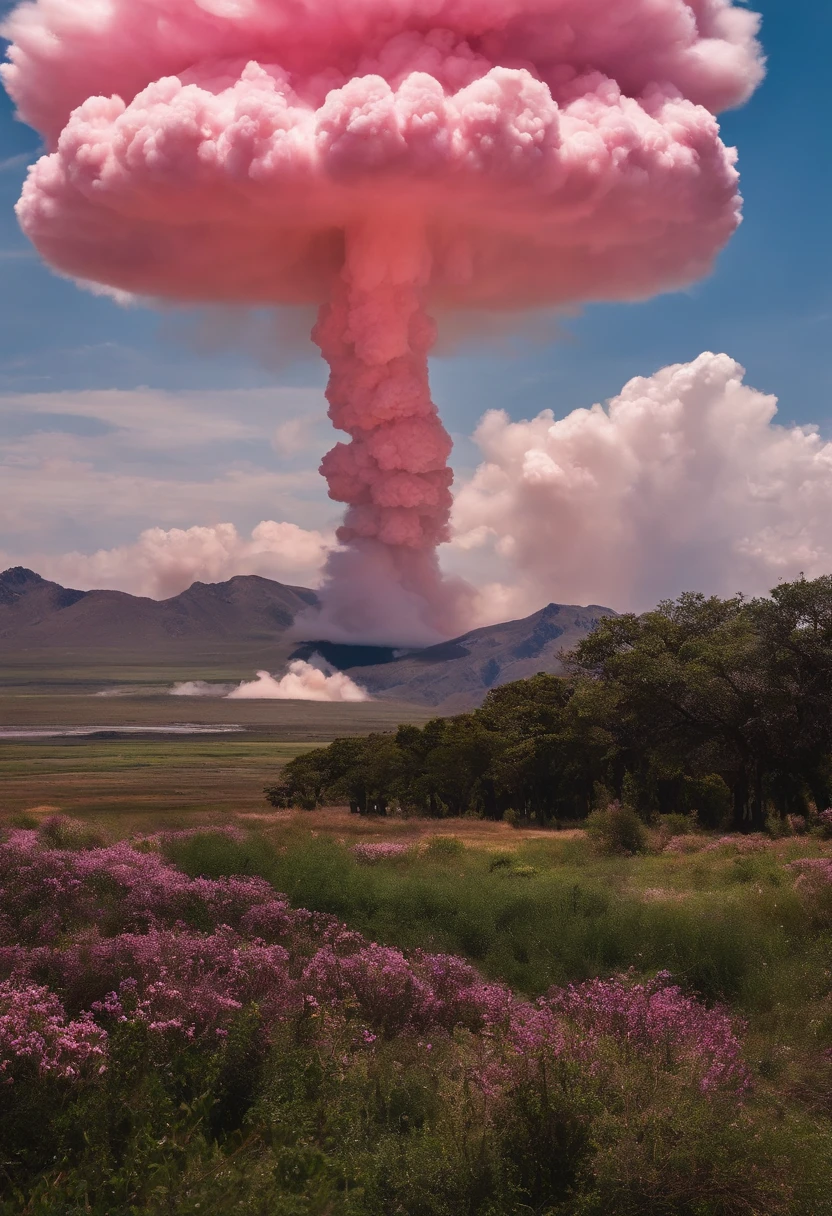 Top image quality,Ultra HD Pictures refer to the best existing visuals for the feel of a hydrogen bomb explosion mushroom cloud picture movie poster(Refer to the former Soviet Union(Tsar Bomba)(Big Ivan)Hydrogen bomb exploding mushroom cloud picture)Huge visually stunning pink candy-colored mushroom clouds on an empty plain,The visuals should be both shocking and sweet。There is no sense of horror,The whole picture seems to be a world of candy,Beautiful pink,South Coast Blue,Extremely beautiful, realistic scenes, grand hydrogen bomb explosion scenes,The brilliant colors are like a fairy tale。