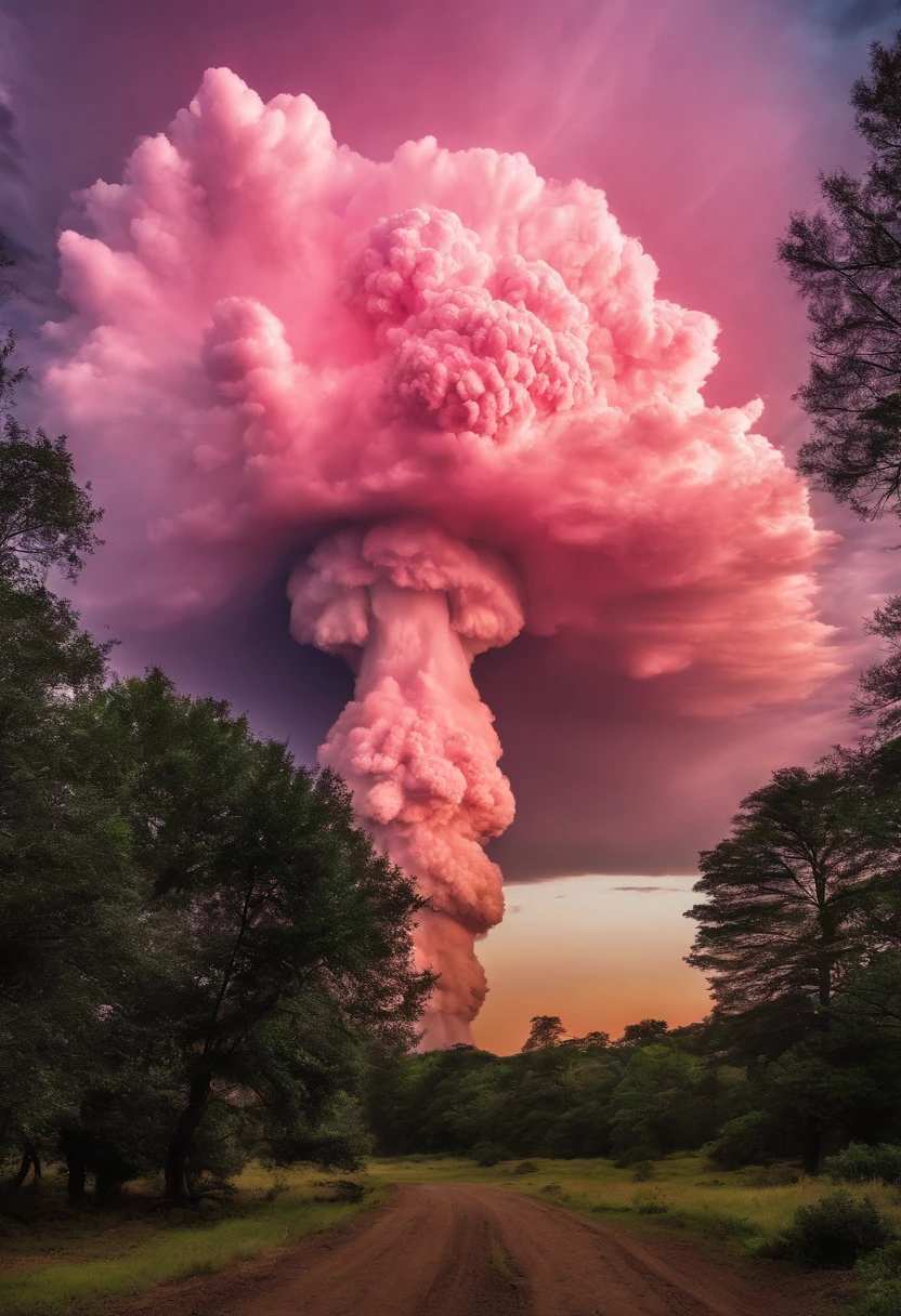 Top image quality，Ultra HD Pictures refer to the best existing visuals for the feel of a hydrogen bomb explosion mushroom cloud picture movie poster（Refer to the former Soviet Union（Tsar Bomba）（Big Ivan）Hydrogen bomb exploding mushroom cloud picture）Huge visually stunning pink candy-colored mushroom clouds on an empty plain，The visuals should be both shocking and sweet。There is no sense of horror，The whole picture seems to be a world of candy，Beautiful pink，South Coast Blue，Extremely beautiful, realistic scenes, grand hydrogen bomb explosion scenes，The brilliant colors are like a fairy tale。