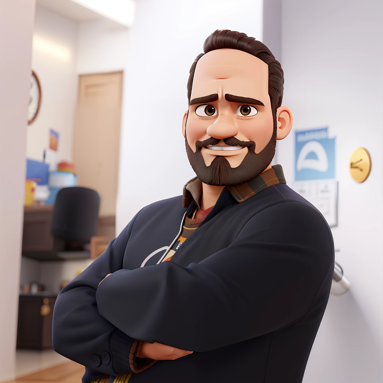 Poster no estilo Disney pixar, alta qualidade, melhor qualidade, homem sexy branco, 20 anos cabelo preto barba preta, musculoso,com topete com fundo uma plateia batendo palmas