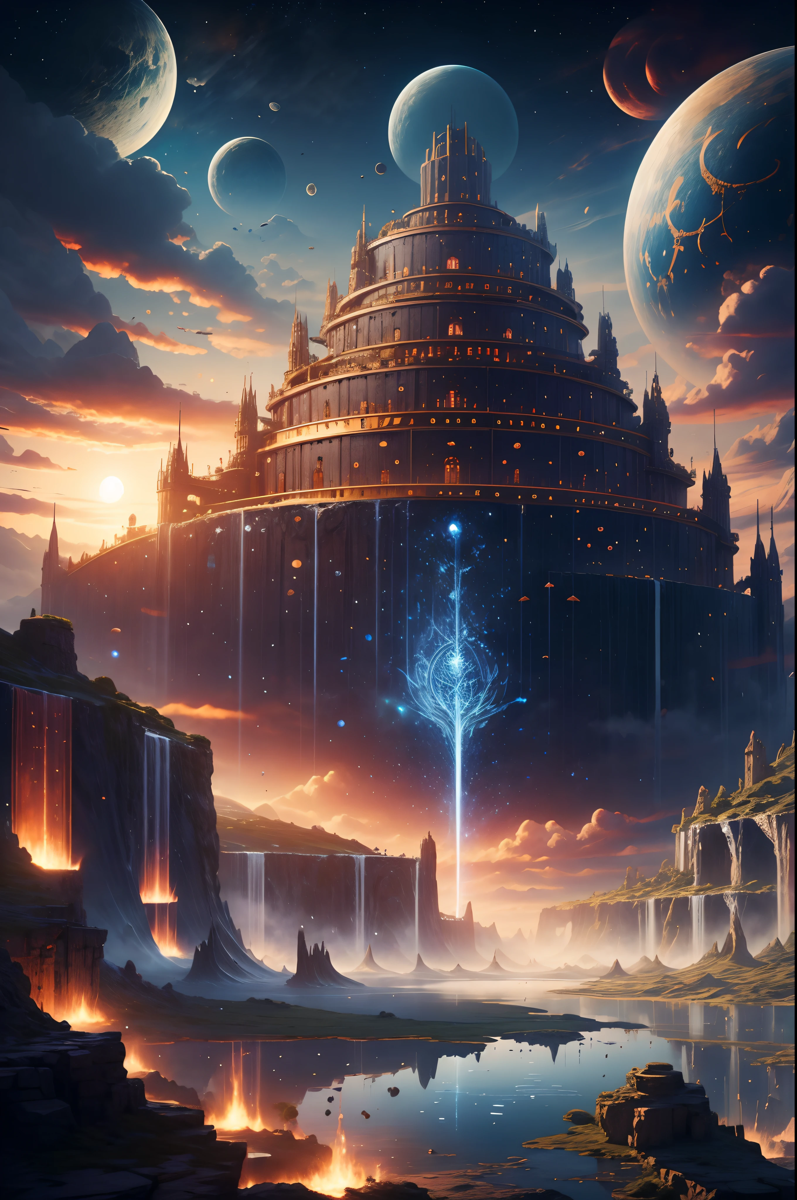A painting of a futuristic city with a giant tower in the middle ...