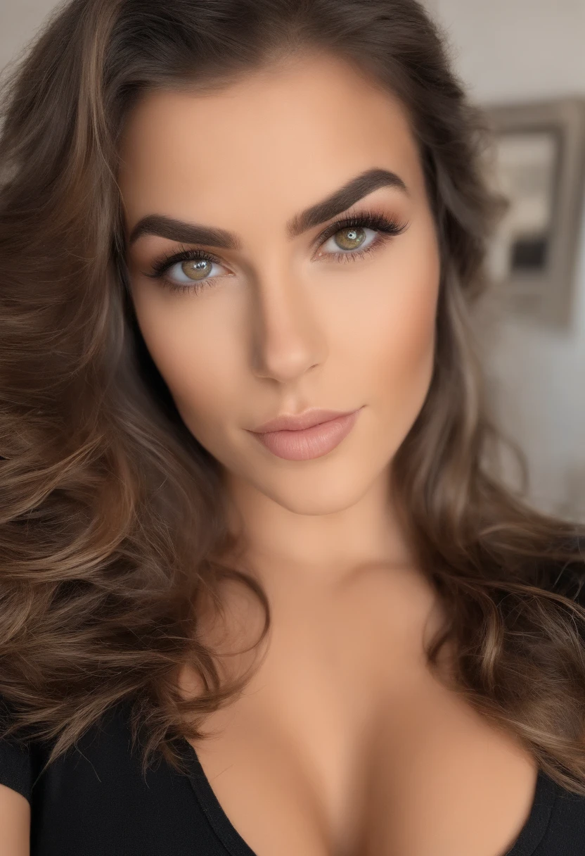 Jovem sexy mais de 18 com olhos castanhos, esportivo e sexy, ultra realista, Meticulosamente detalhado, cabelos curtos loiros, Selfie de uma jovem mulher, at office, staring directly at camera, Face with freckles ain't perfect, dezentes Maquiagem, Impressionante tiro de corpo inteiro, medium to large bust size