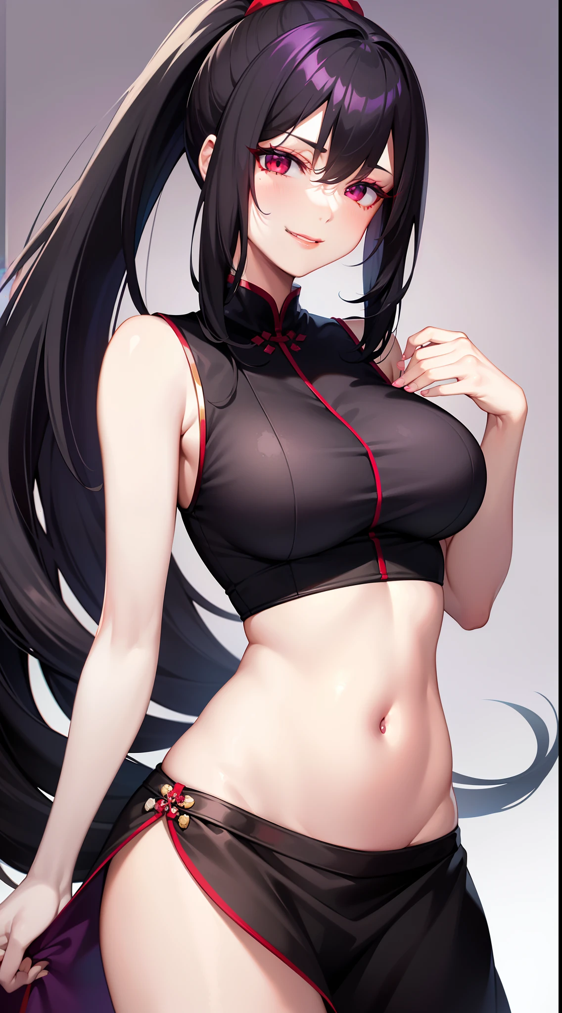 Grown-up girl, Long black hair with white strands, high ponytail, red eyes, purple lipstick, white chinese dress, Sleeveless, open breasts, open belly, smirk, Violet Flame, Masterpiece, hiquality, 4k, HD, Good detail