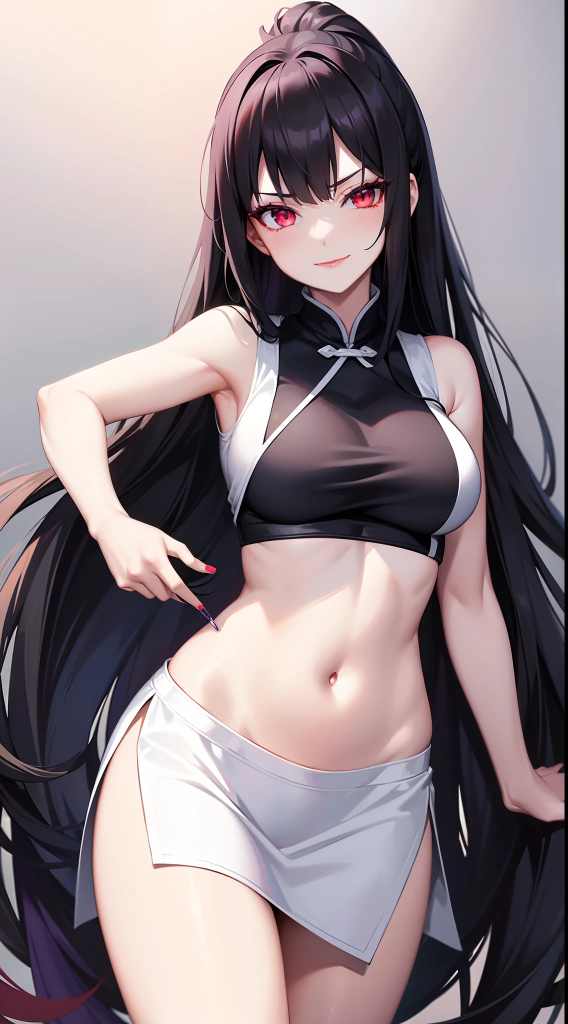 Grown-up girl, Long black hair with white strands, high ponytail, red eyes, purple lipstick, white chinese dress, Sleeveless, open breasts, open belly, smirk, Violet Flame, Masterpiece, hiquality, 4k, HD, Good detail