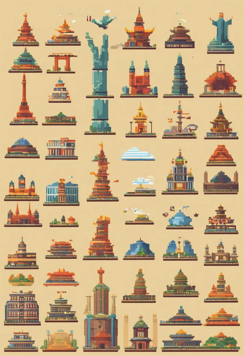 A set of travel icons and iconic spacesplaces, including the world's most iconic landmarks, pixel art de Joe Bowler, Tendencias en Behance, international typographic style, Detalles de castillos y templos, Travel and tourism in Japan, Edificios detallados, Edificios japoneses europeos, Todos los edificios en el puente, muchos edificios, 3 0, Edificios europeos, Muchos edificios, Ciudades, tourist destination, flat illustration