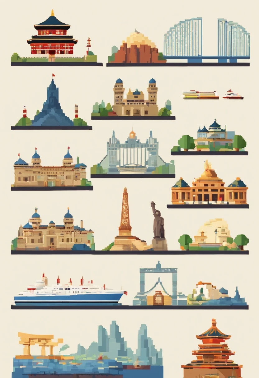 A set of travel icons and iconic spacesplaces, including the world's most iconic landmarks, pixel art de Joe Bowler, Tendencias en Behance, international typographic style, Detalles de castillos y templos, Travel and tourism in Japan, Edificios detallados, Edificios japoneses europeos, Todos los edificios en el puente, muchos edificios, 3 0, Edificios europeos, Muchos edificios, Ciudades, tourist destination, flat illustration