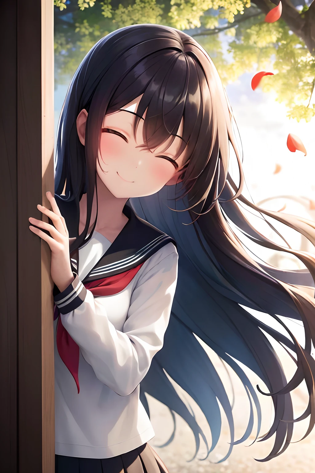 Masterpiece, Best Quality, hight resolution, 1girl smiling closed eyes, extra very long hair, The Wind Is Blowing, peeking out of the upper body on the street, serafuku, Backlighting, petals, Flowers, leaves