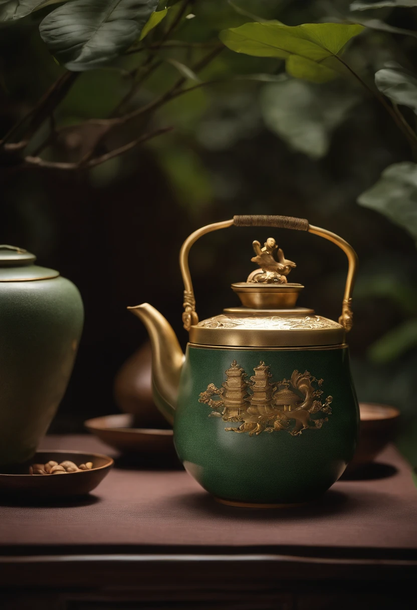 there is a green and gold teapot with a gold lid, pot, by Cheng Zhengkui, by Ni Yuanlu, song dynasty, by Kanō Tan'yū, dongson bronze artifacts, by Shen Che-Tsai, gujian, by Wang Jian, by Yuan Yao, by An Zhengwen, (fantasy), chinese art