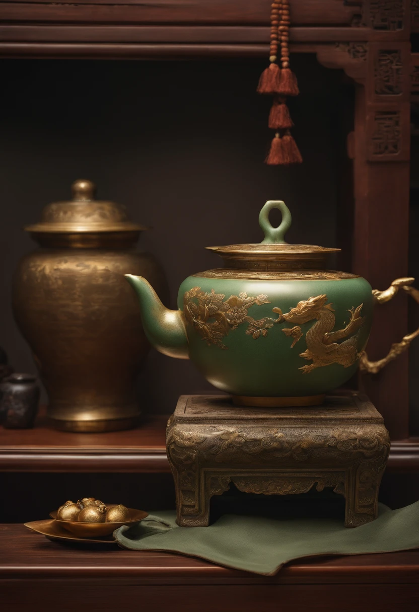 there is a green and gold teapot with a gold lid, pot, by Cheng Zhengkui, by Ni Yuanlu, song dynasty, by Kanō Tan'yū, dongson bronze artifacts, by Shen Che-Tsai, gujian, by Wang Jian, by Yuan Yao, by An Zhengwen, (fantasy), chinese art