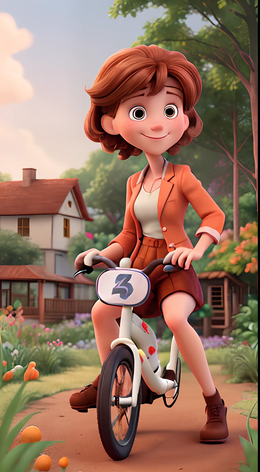 White woman with brown eyes. Reddish brown hair, with bangs on the forehead, smiling, riding a bicycle in the middle of a colorful garden. She wears a coral-colored blazer.