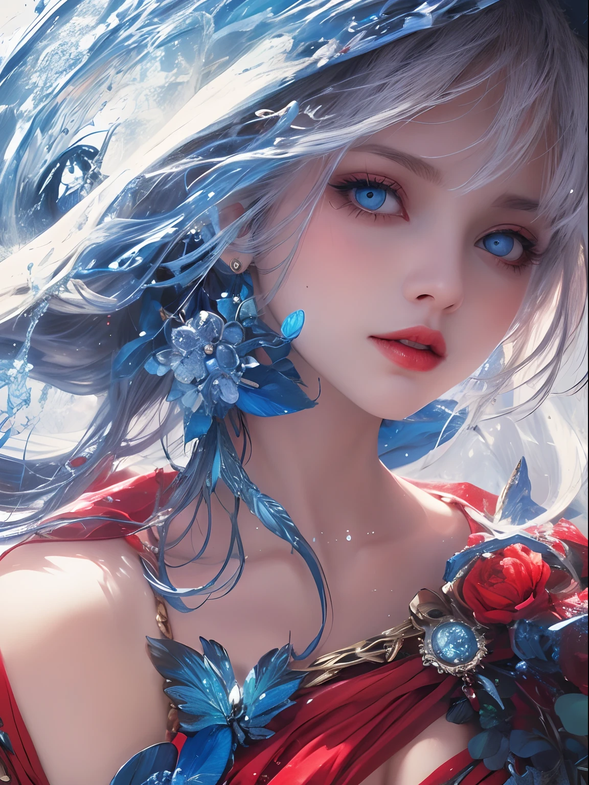 A beautiful woman face close up, seductive look, sharp face, blue eyes,red lips, Majestic artistic look,water pouring on her face, ultradetailed, perfect composition