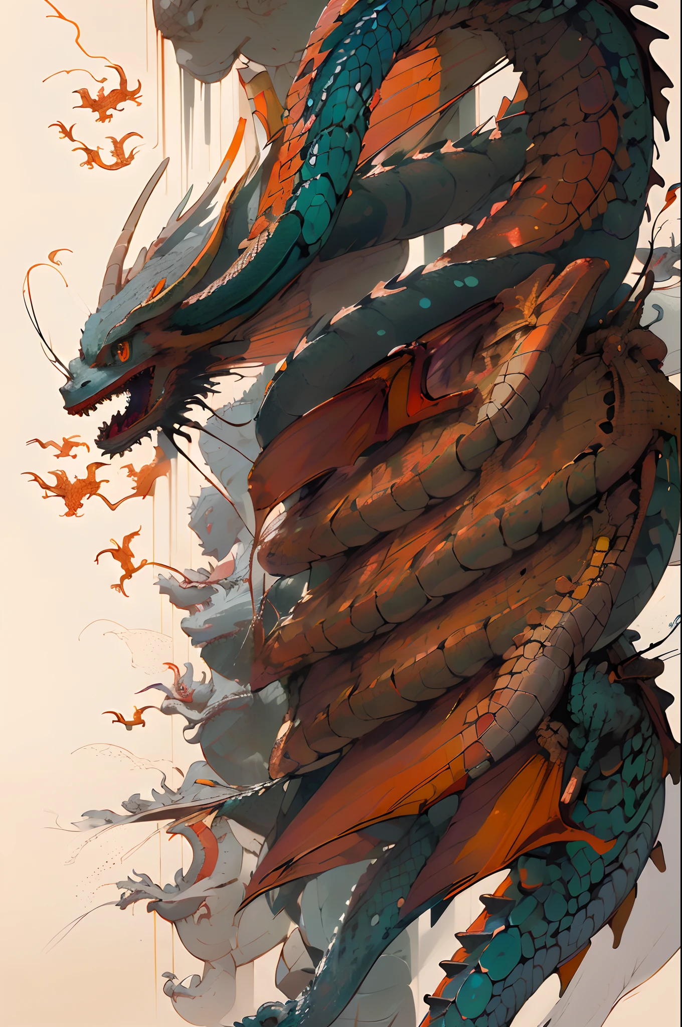 ((best of quality)),(超A high resolution),(ultra - detailed),(Meticulous portrayal),((Best anime)),(The best works of art),Sharpness,unclear, dynamicposes,(Female devil),((Scaly skin:1.6),((There are two pairs of dragon wings on the back:1.4)