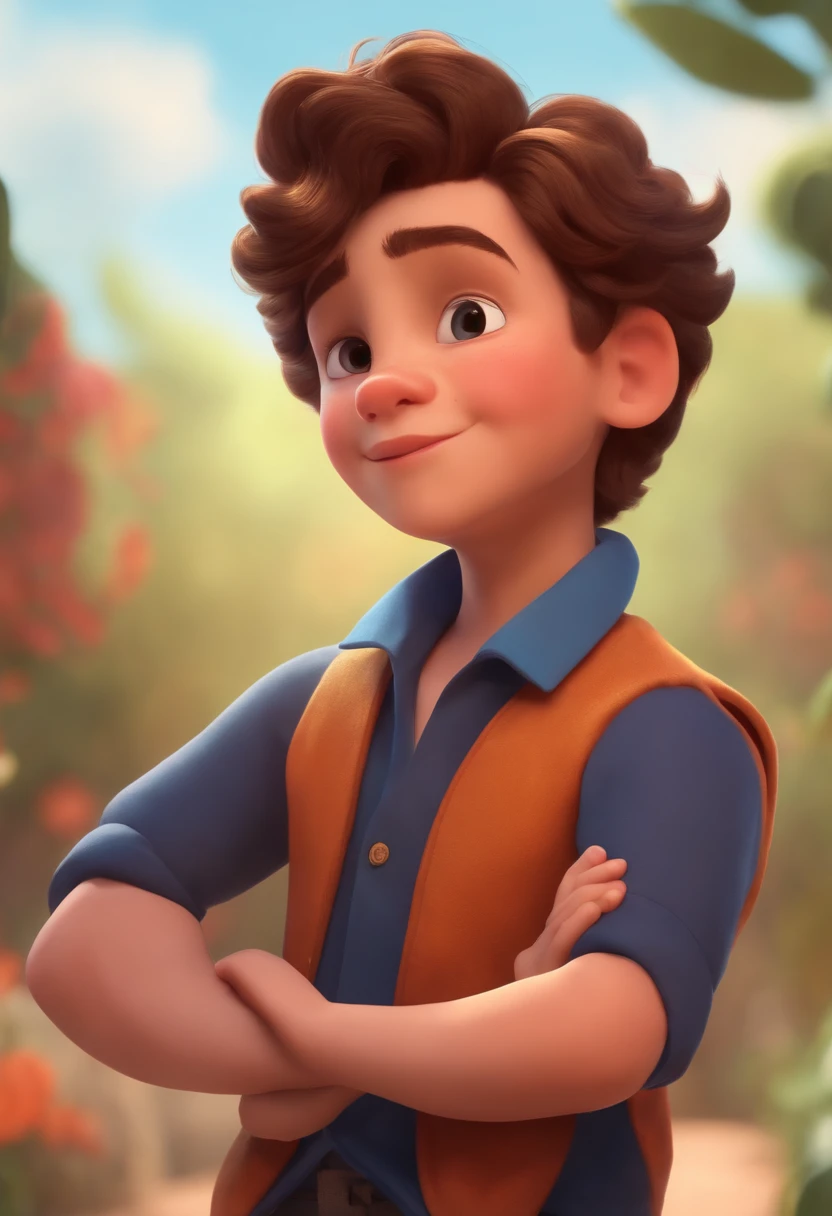 Image of a boy for a story in a YouTube video in Pixar format, He's the allabester, He's the class leader, He's outgoing, Playful and gets up for a lot of things, cabelo curto