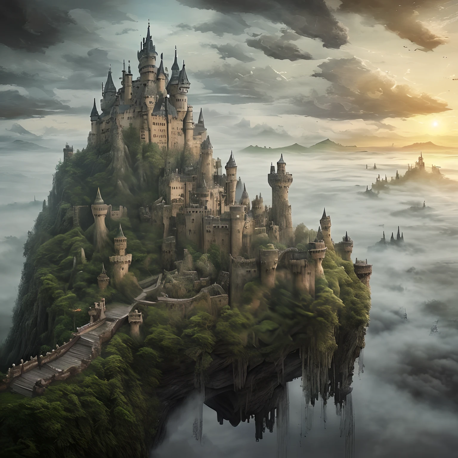 masterpiece、hightquality、Realistic、landscape shot、life-like、A detailed、Like the photo、Castle shining in the sky、Deities々Castle in the Sky、Castle in the Sky、Flying Castle、Castle in the Sky、Castle of Glory、Castle above the clouds、The tree々A lush castle surrounded by