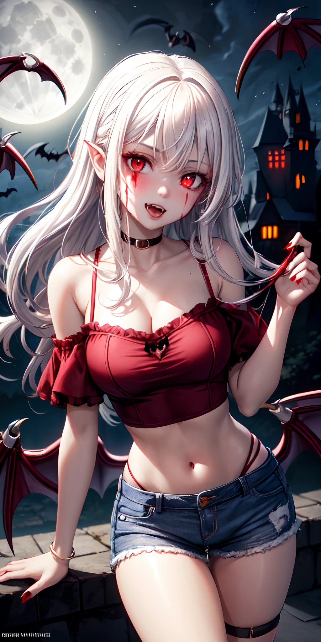 1girl, (vampire girl:1.4), white hair, (red eyes), glowing eyes, slit pupils, (blood, blood splatter), crop top, cleavage, short shorts, collarbone, parted lips, fangs, makeup, blush, night, reflection, full moon, moonlight, rose, castle, shadow, darkness,