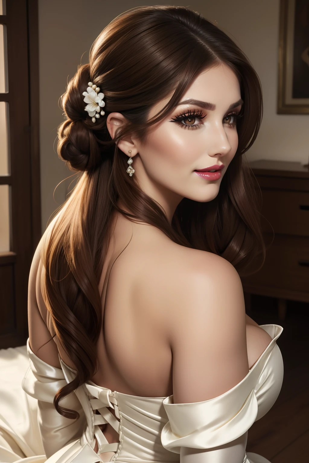 Lucy Pinder, face portrait, ((Very Intense Makeup)), ((Bright Lipstick)), smiling, long hair, brown hair, hair tied in chignon, Voluptuous Woman, off-shoulder dress, wedding dress, neckline, beautiful buttocks, face