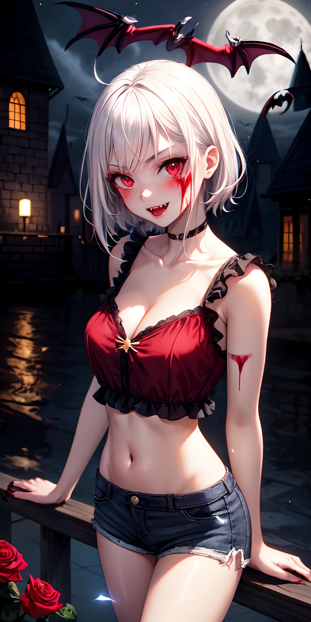 1girl, (vampire girl:1.4), white hair, (red eyes), glowing eyes, slit pupils, (blood, blood splatter), crop top, cleavage, short shorts, collarbone, parted lips, fangs, makeup, blush, night, reflection, full moon, moonlight, rose, castle, shadow, darkness,