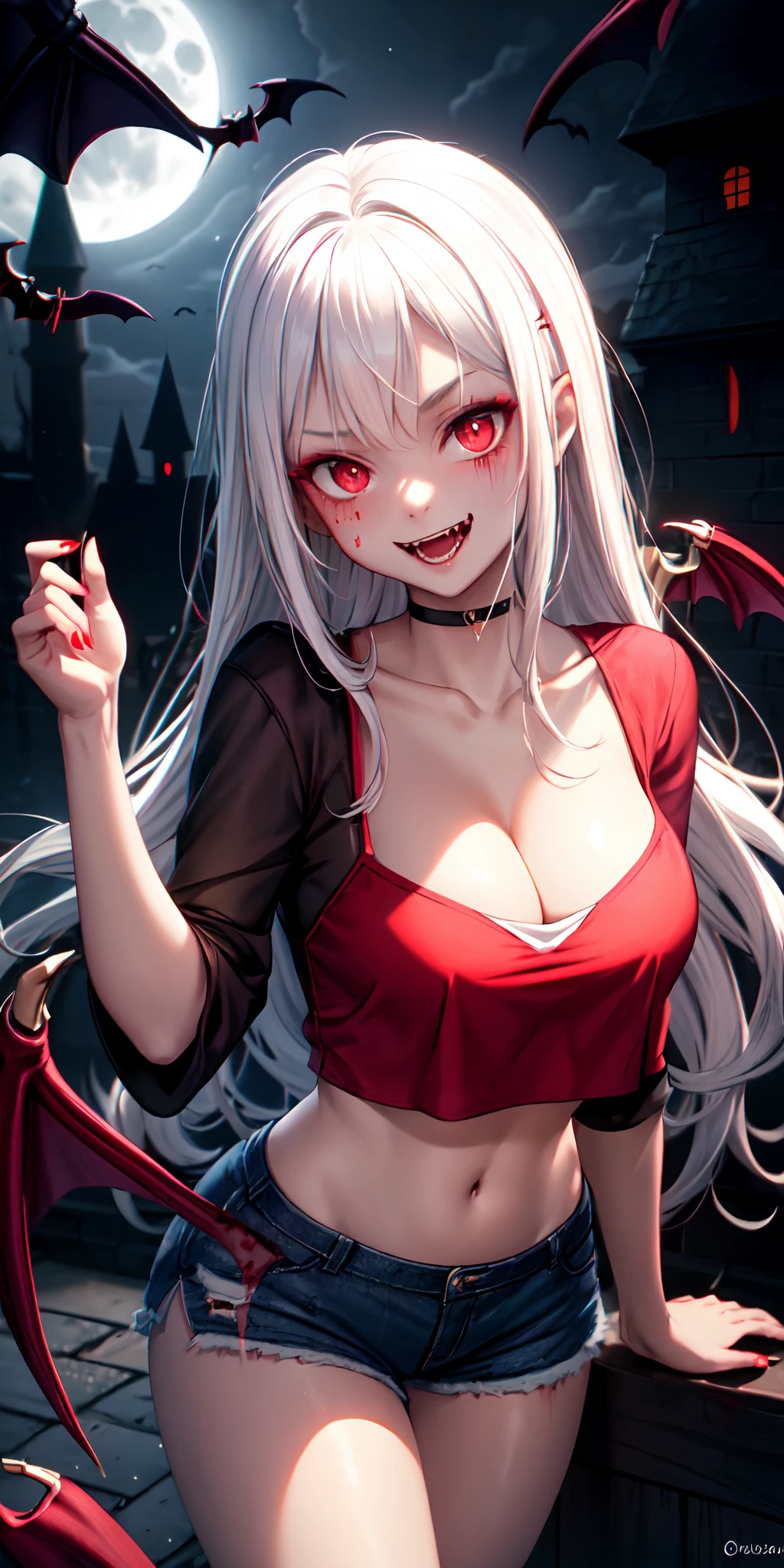 1girl, (vampire girl:1.4), white hair, (red eyes), glowing eyes, slit pupils, (blood, blood splatter), crop top, cleavage, short shorts, collarbone, parted lips, fangs, makeup, blush, night, reflection, full moon, moonlight, rose, castle, shadow, darkness,