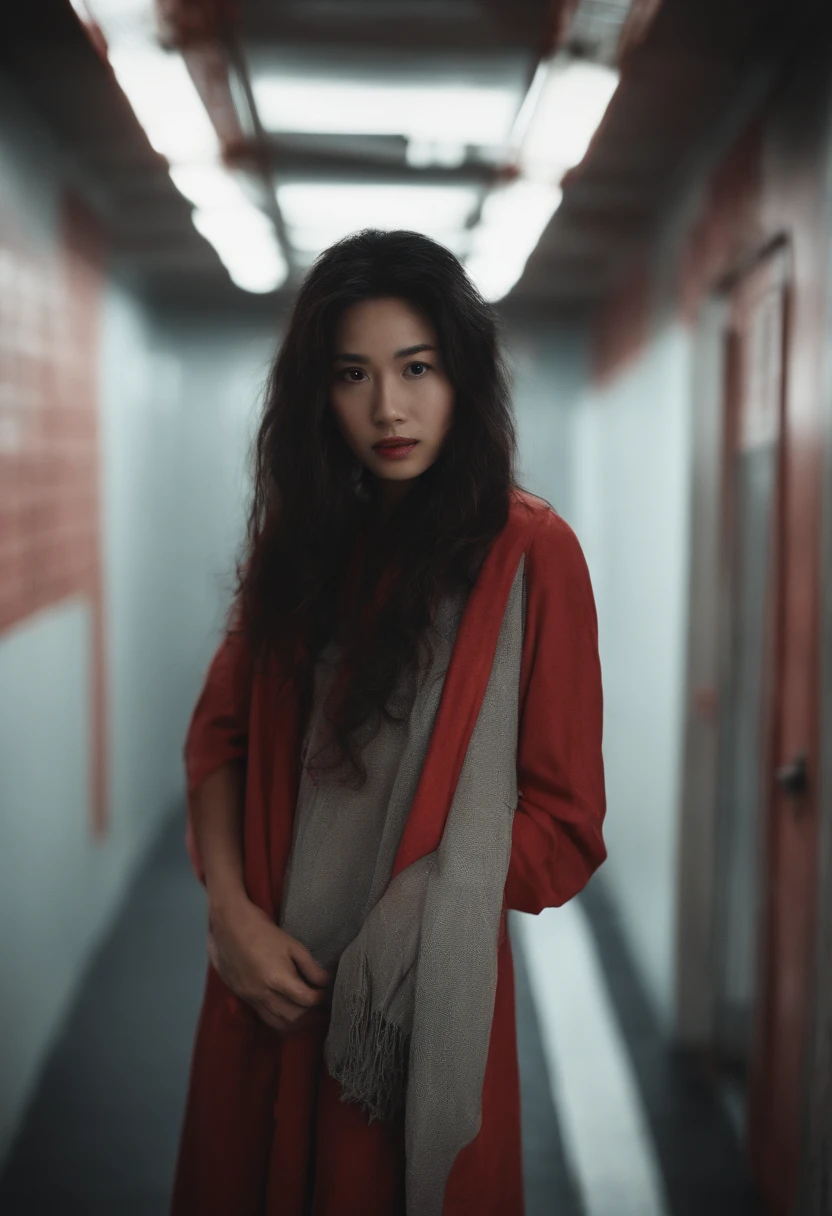 There was a woman standing in a dark school hallway，In the background is a Japanese-style school corridor，red lights，horror face，frontage，Long hair，Hair covers the face， atmospheric red lighting, red and cinematic lighting, cinematic Red lighting, [ horror game ], author：Shitao, Scary cinematic lighting, Atmospheric red effect, atmospheric artwork, Sinister demonic aura, Lovecraft horror, detailed 4k horror artwork, Dark odor :: sport