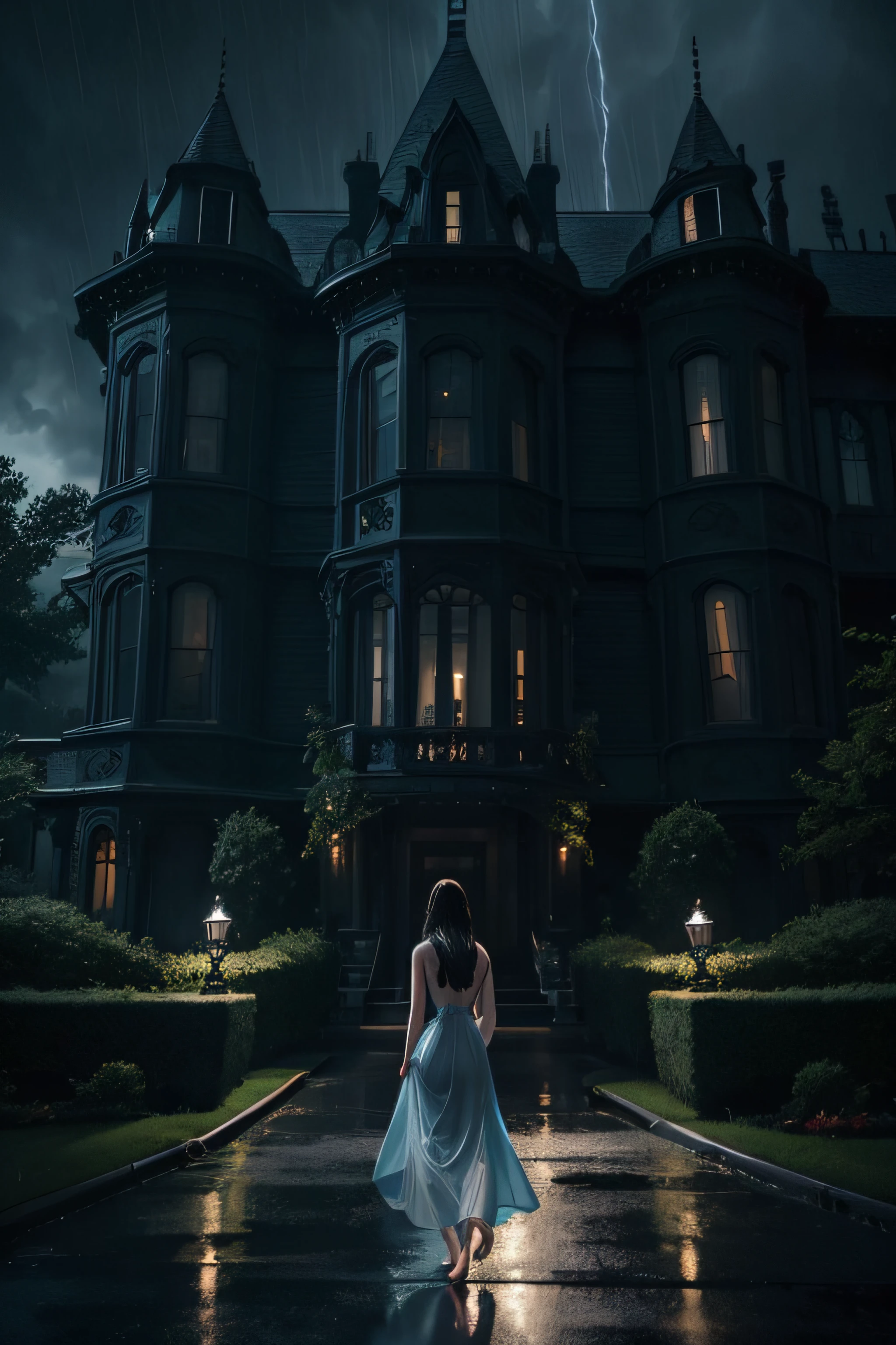 A driving rainstorm on a dark night lit only by lightning. Longshot of a back view of a slender, barefoot, woman with long, dark brunette hair, wearing a sheer, sleeveless, ankle-length, pale blue gossamer nightgown, walking toward an huge, sprawling, evil-looking Victorian mansion that dominates the picture.