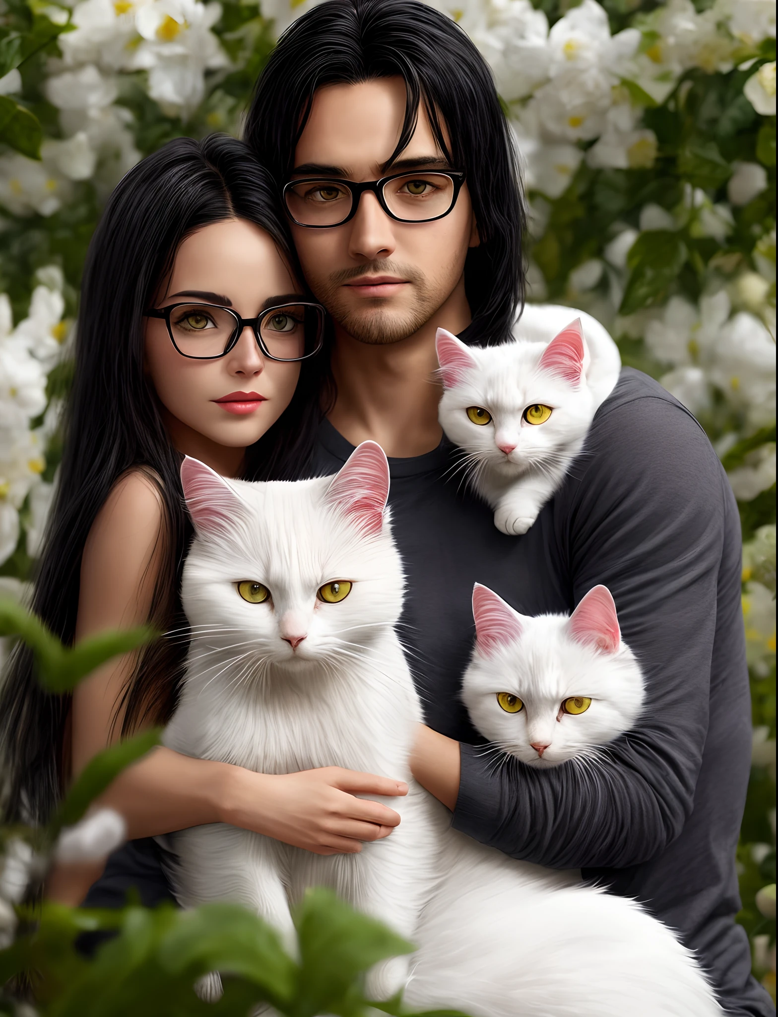 Woman with fine black hair in glasses, homem cabelo castanho claro, com um gato preto de olhos amarelos, A white angora cat with yellow eyes, Pixar Style A Family